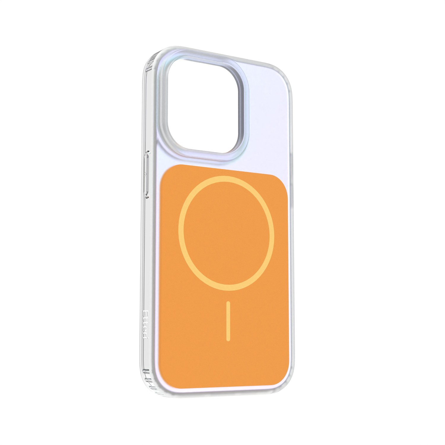 Custodia trasparente con motivo a cerchio MagSafe arancione.