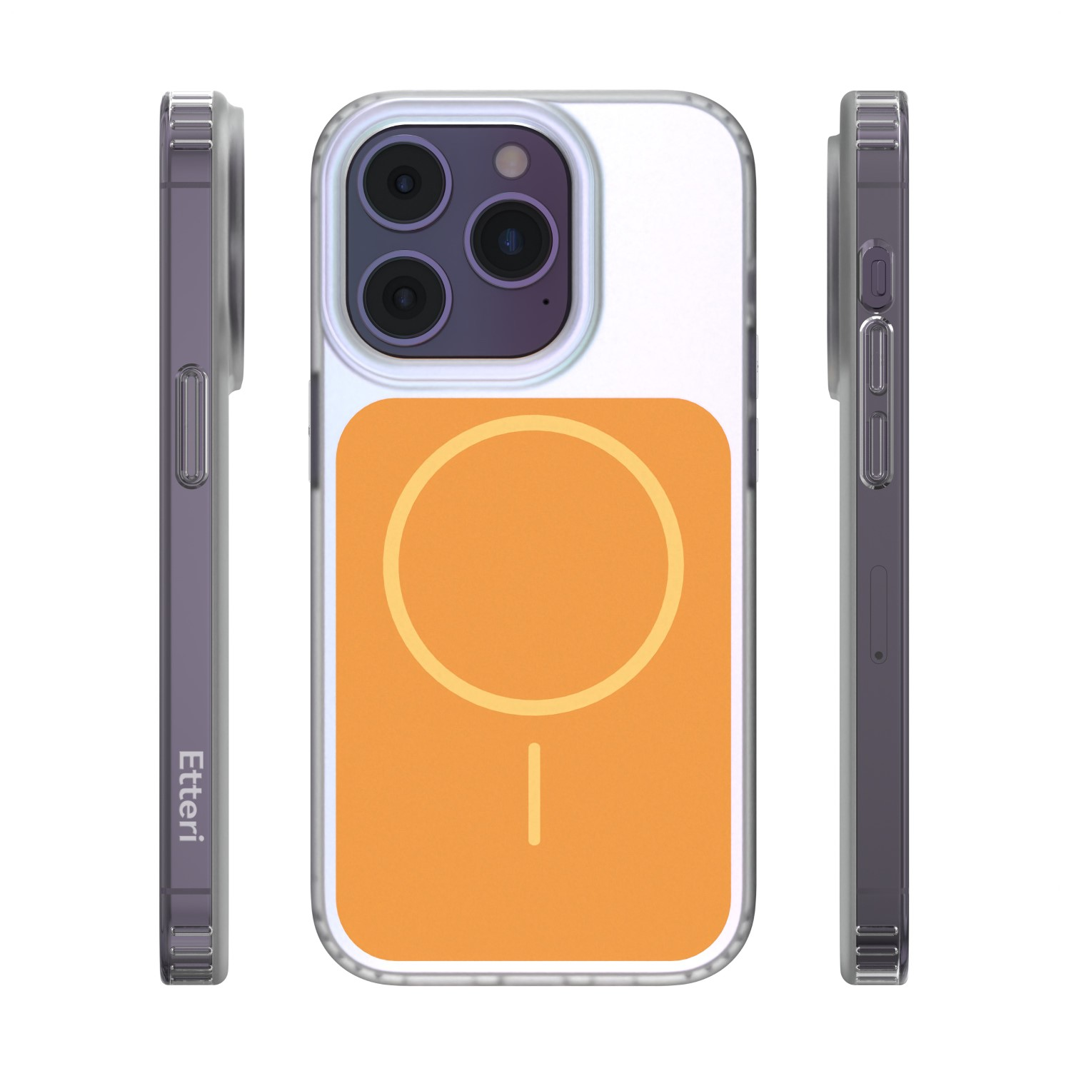 Una custodia trasparente per telefono con design a cerchio arancione e lenti.