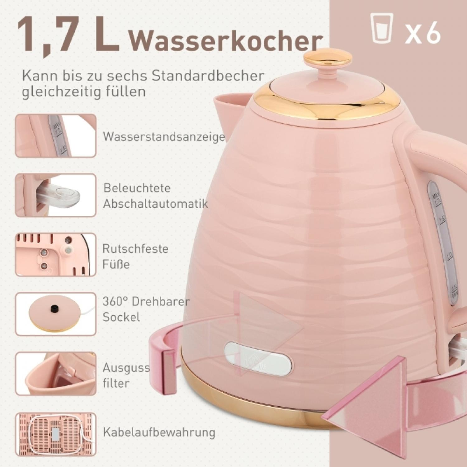 Ein rosafarbener Wasserkocher mit goldenen Akzenten, 1,7 L Kapazität.