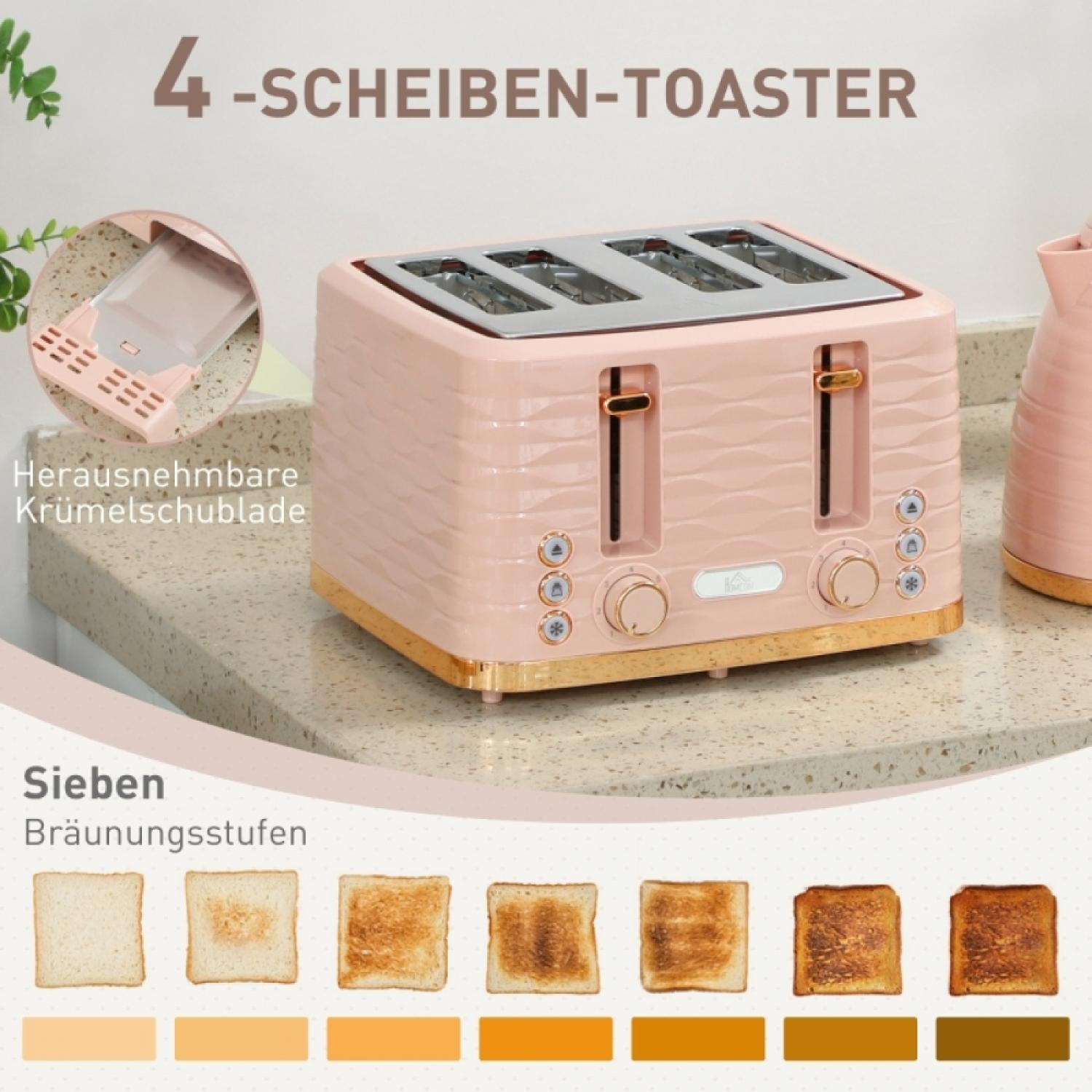 Ein rosafarbener Toaster mit vier Schlitzen und sieben Bräunungsstufen.