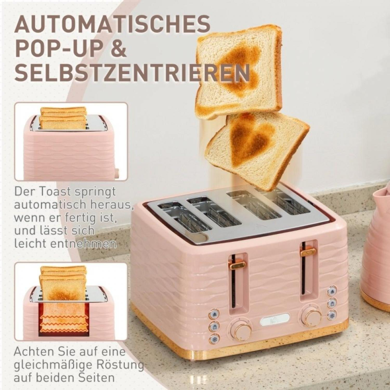 Ein rosa Toaster mit vier Schlitzen und zwei Scheiben Toast mit Herzmuster.