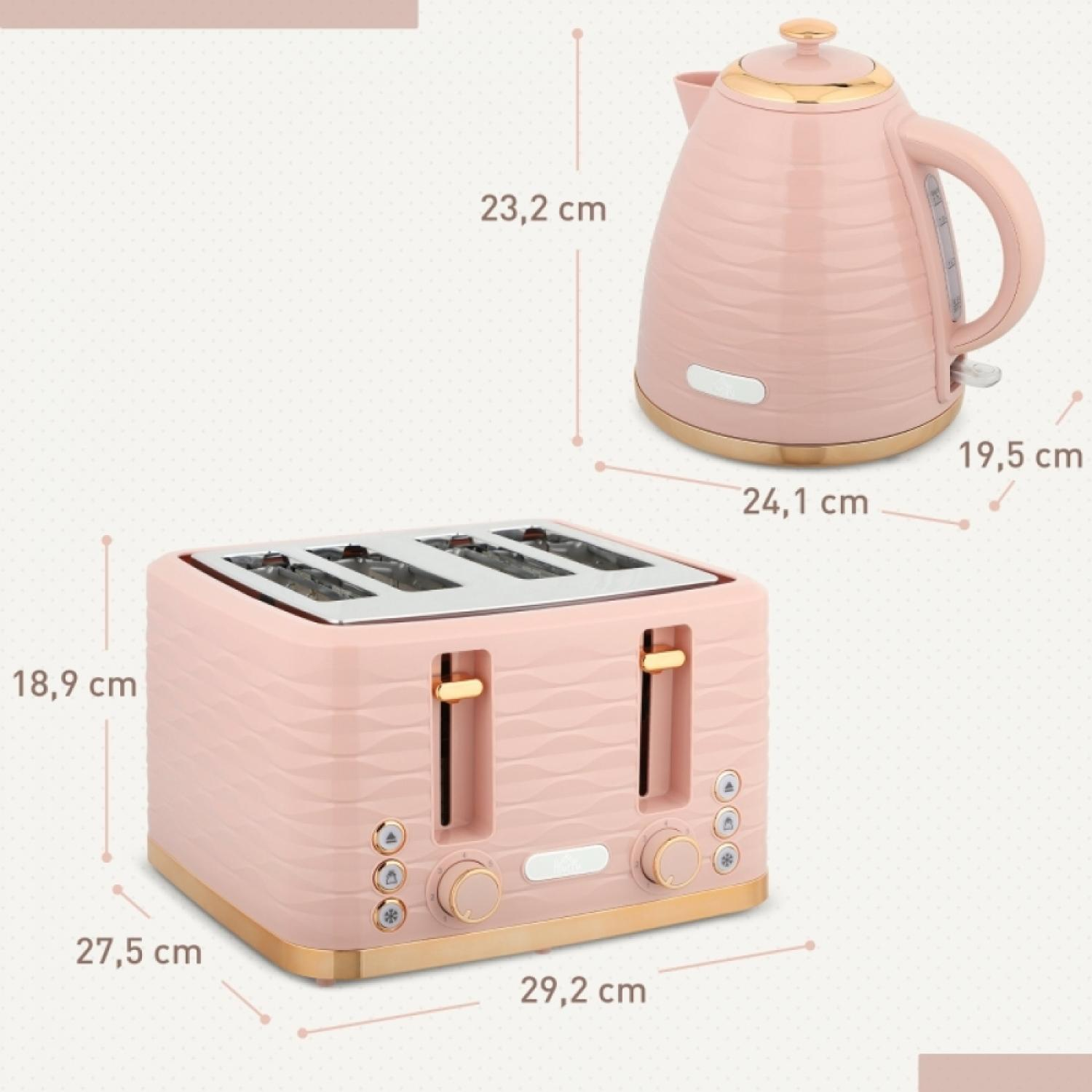 Pinker Wasserkocher und Toaster mit goldenen Akzenten. Maße angezeigt.