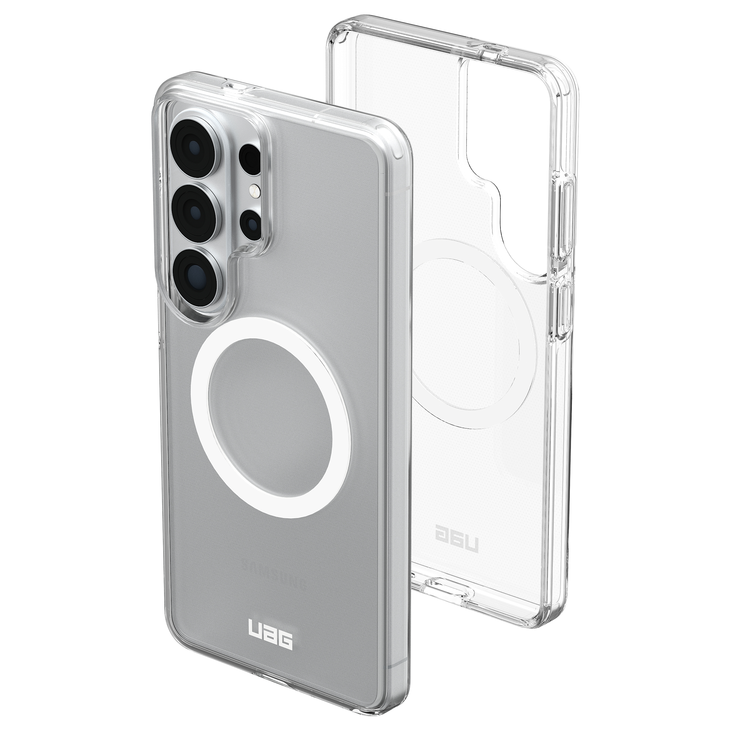 Transparente Handyhülle mit MagSafe-Ring und Kameraschutz, weißer Hintergrund.