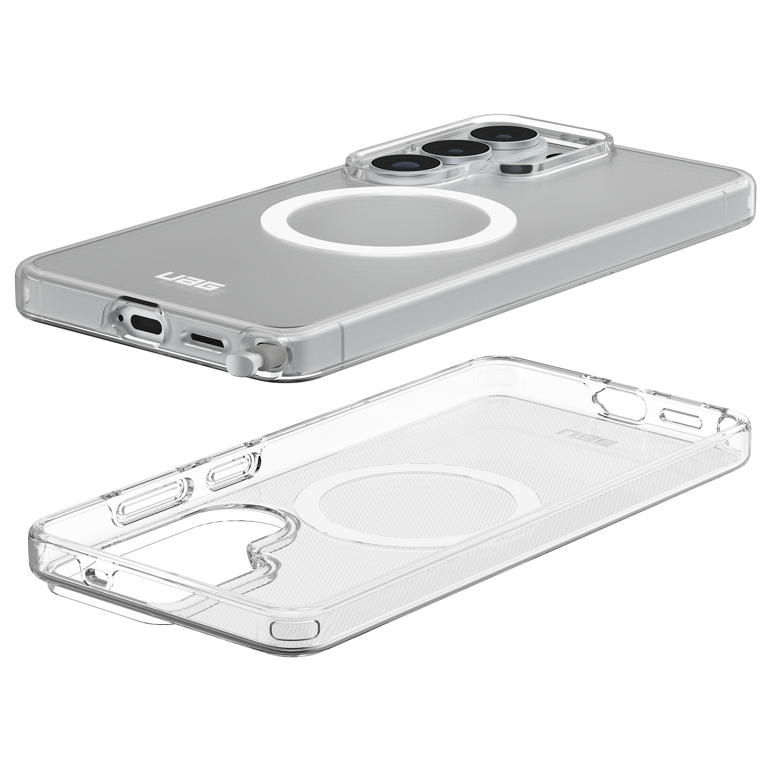 Transparente Handyhülle mit Magnetring für MagSafe und Kamerastruktur.