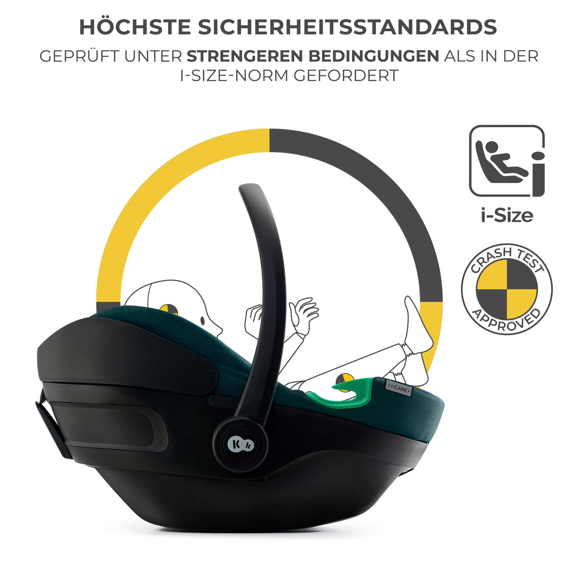 Schwarze Babyschale mit i-Size und Crash-Test-Siegel, übertrifft Standards.