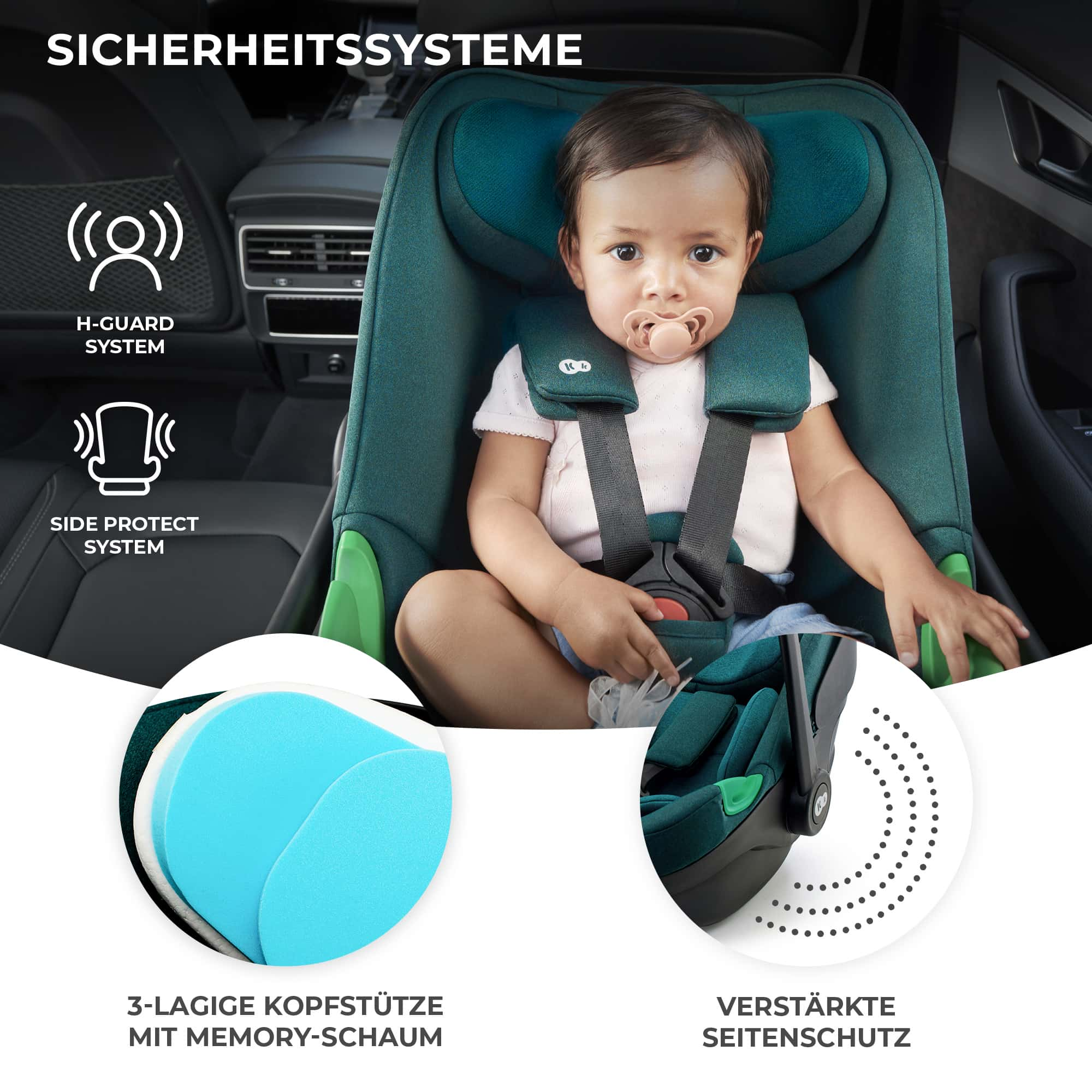 Kleines Kind im Kindersitz mit Kopfstütze und Seitenschutz-Symbolen.