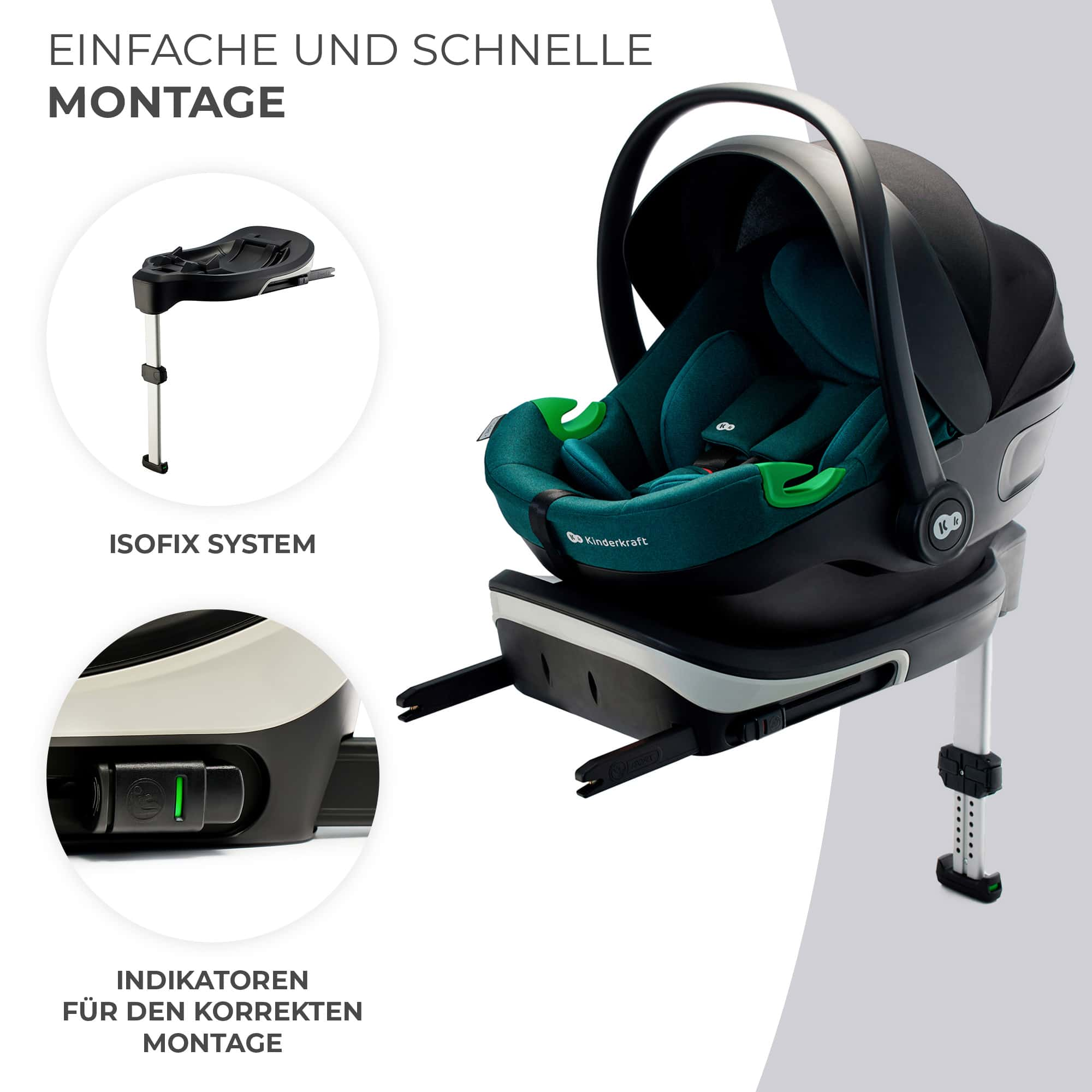 Kinderautositz auf ISOFIX-Basis mit grünem Indikator für korrekte Montage.
