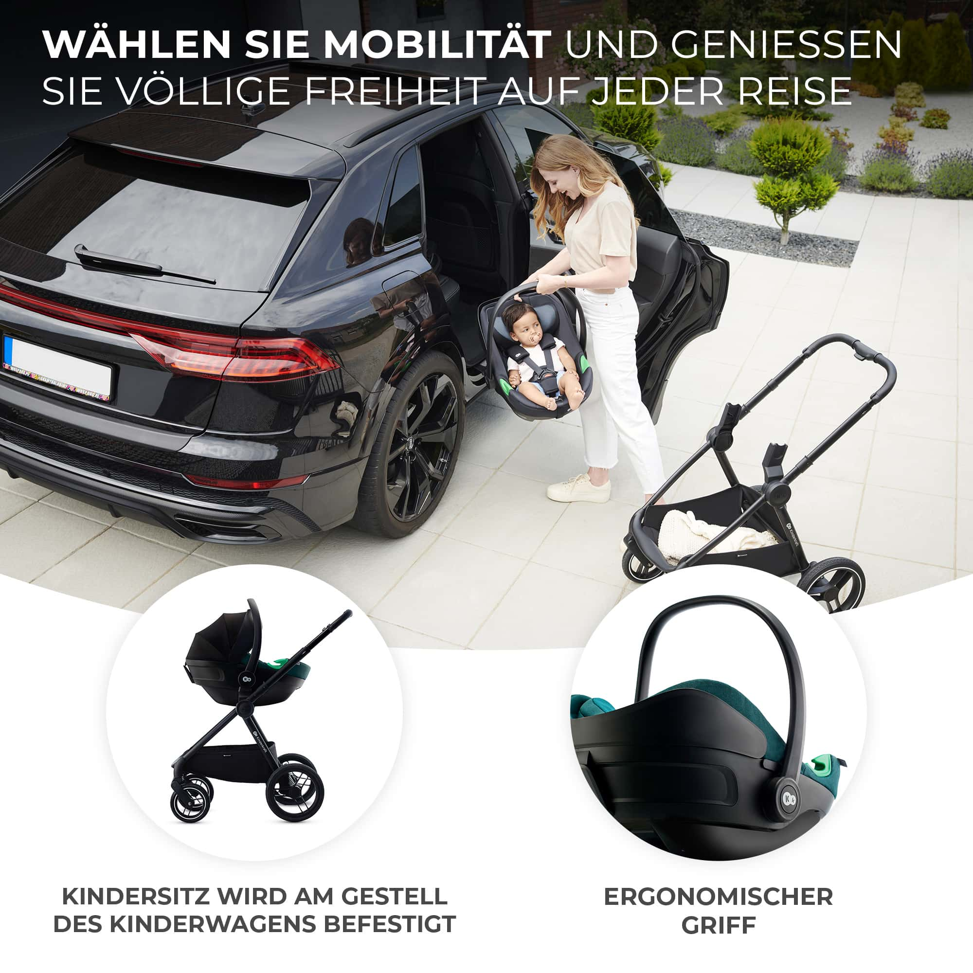 Frau setzt Baby in Kindersitz neben schwarzem Auto, Kinderwagen und Sitz im Detail.