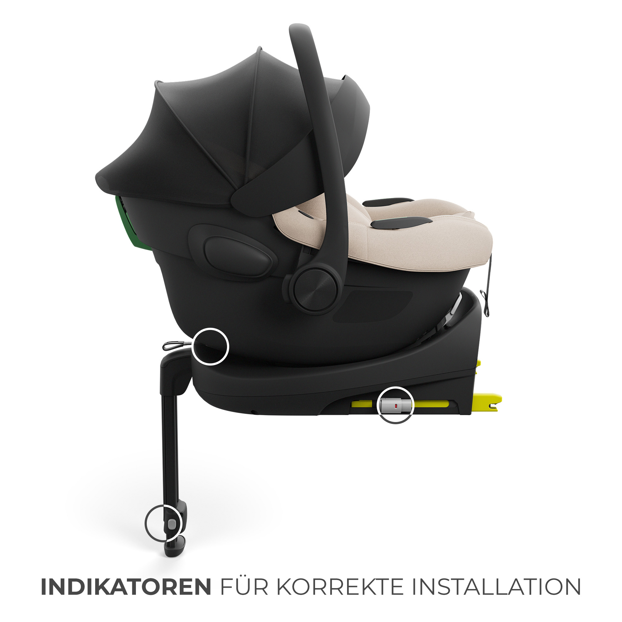 Schwarzer Kindersitz mit beiger Polsterung auf Basis. Indikatoren zeigen korrekte Installation.