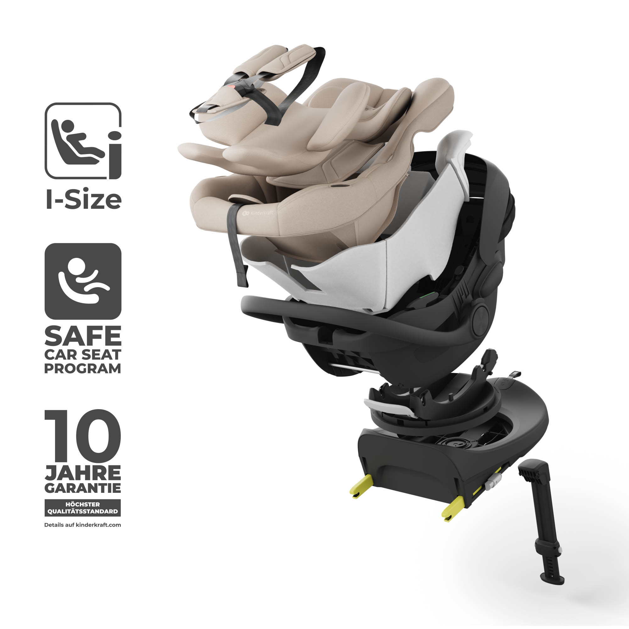 Zerlegter Kindersitz mit I-Size-Logo, 10 Jahre Garantie und Safe Car Seat Symbol.