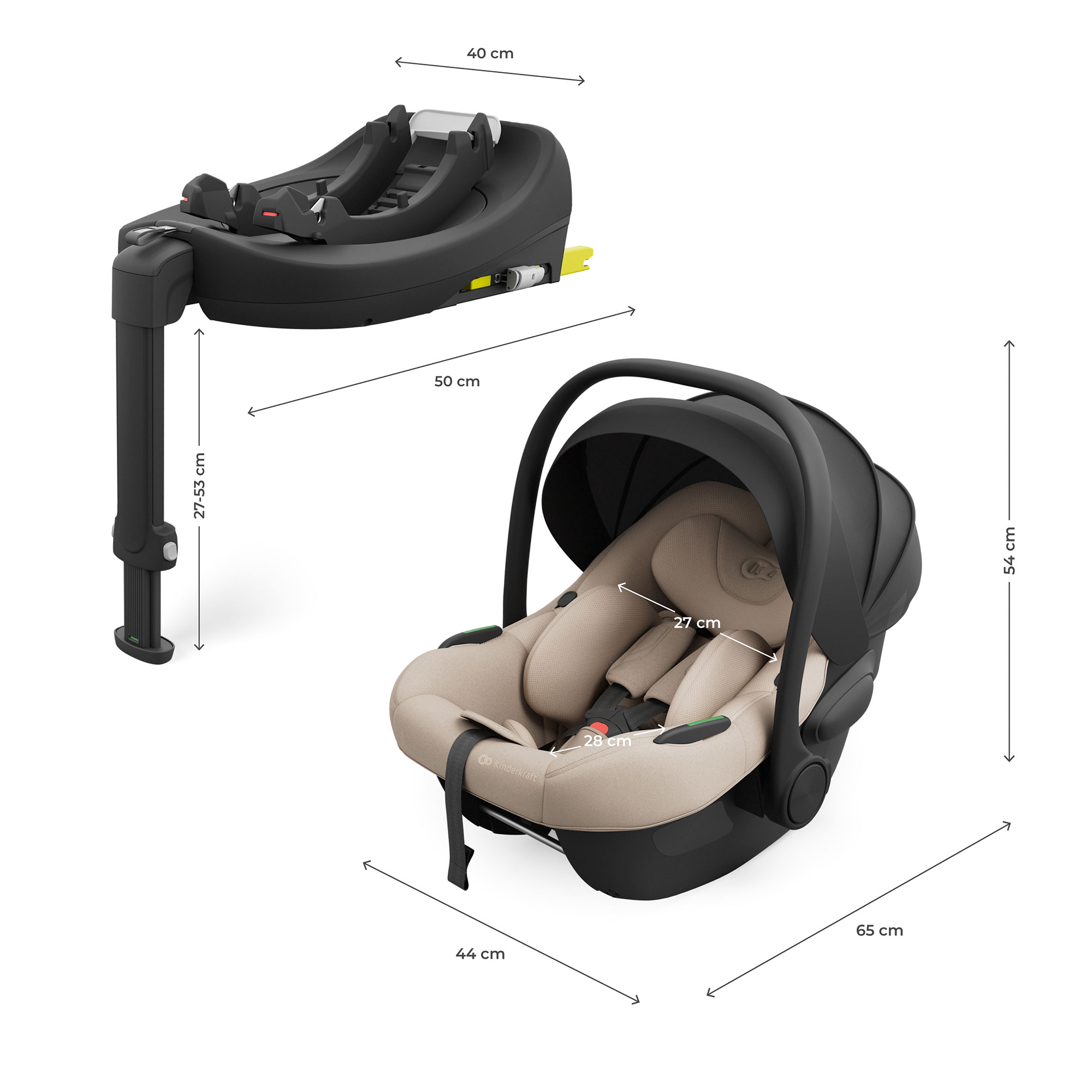 Schwarze Babyschale mit beige Polsterung und Basis. Maße angegeben.
