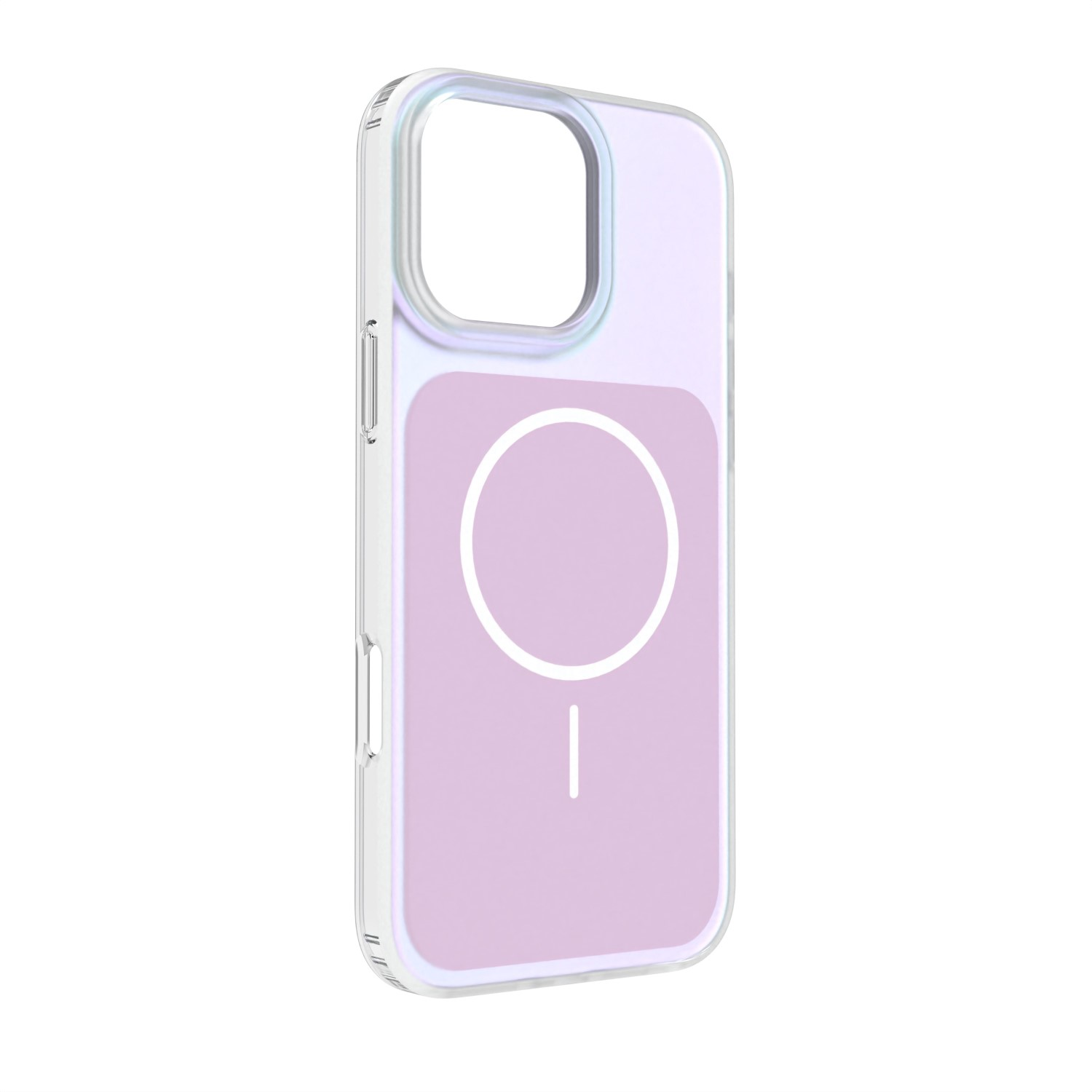 Custodia trasparente per telefono con retro rosa e simbolo bianco cerchio/linea.