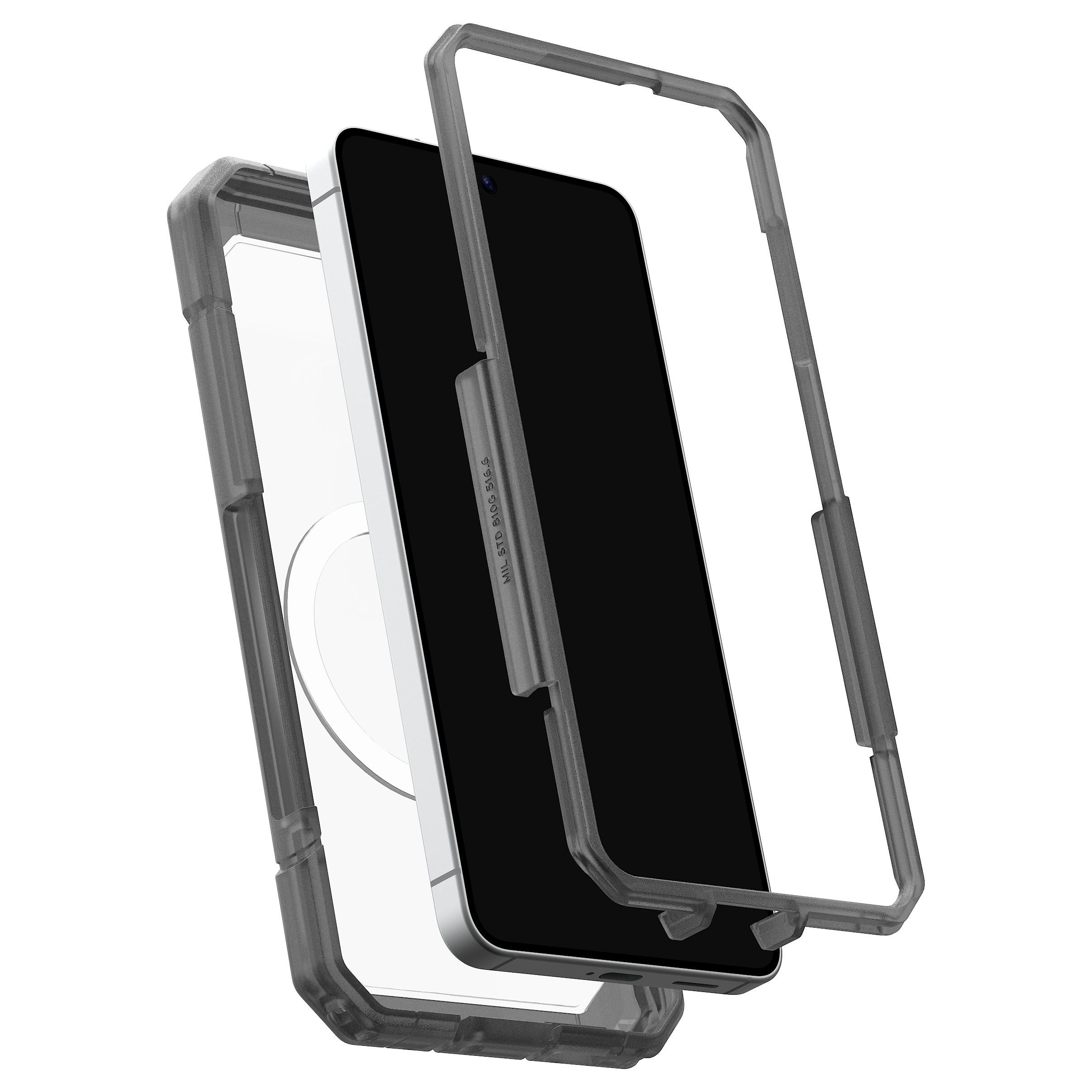 Graues Schutzgehäuse für ein Smartphone, zerlegt in zwei Teile.