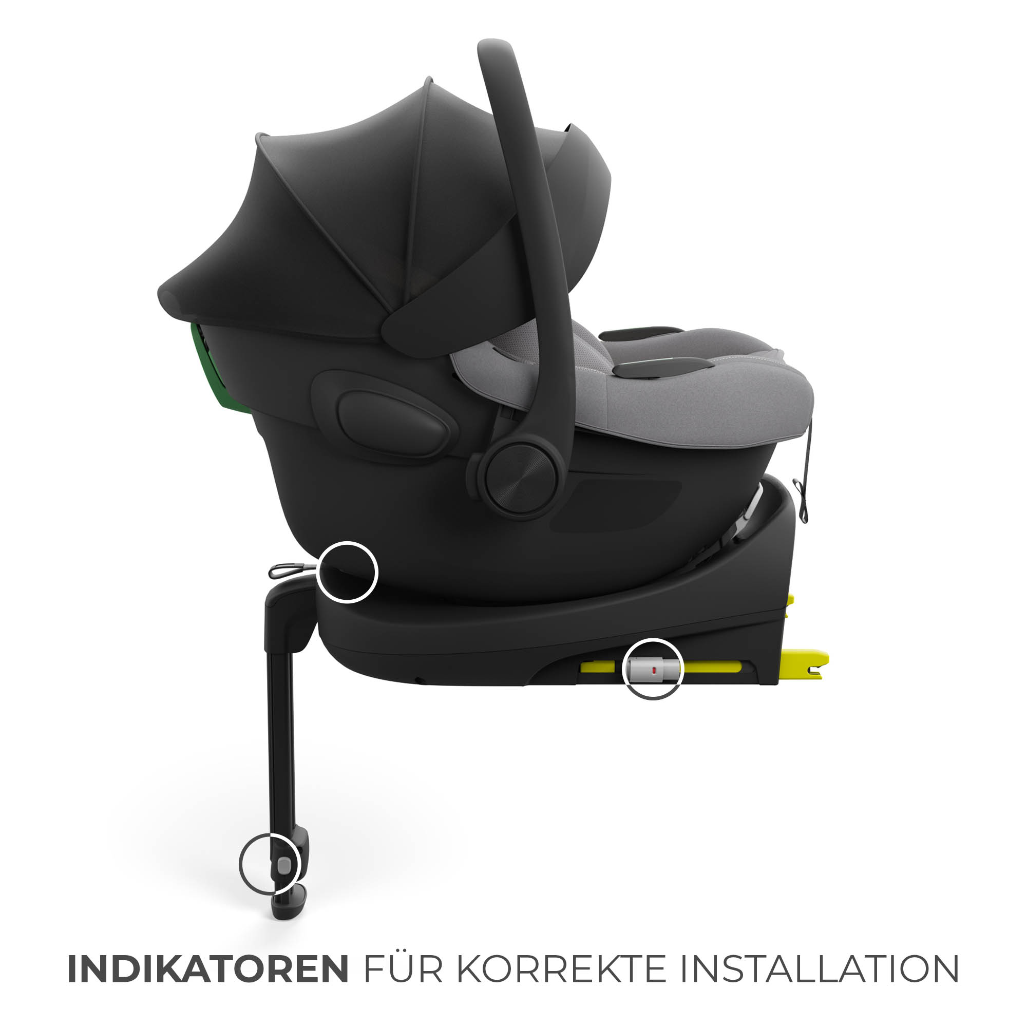 Schwarze Babyschale auf Basis mit Griff, Sicherheitsanzeigen.