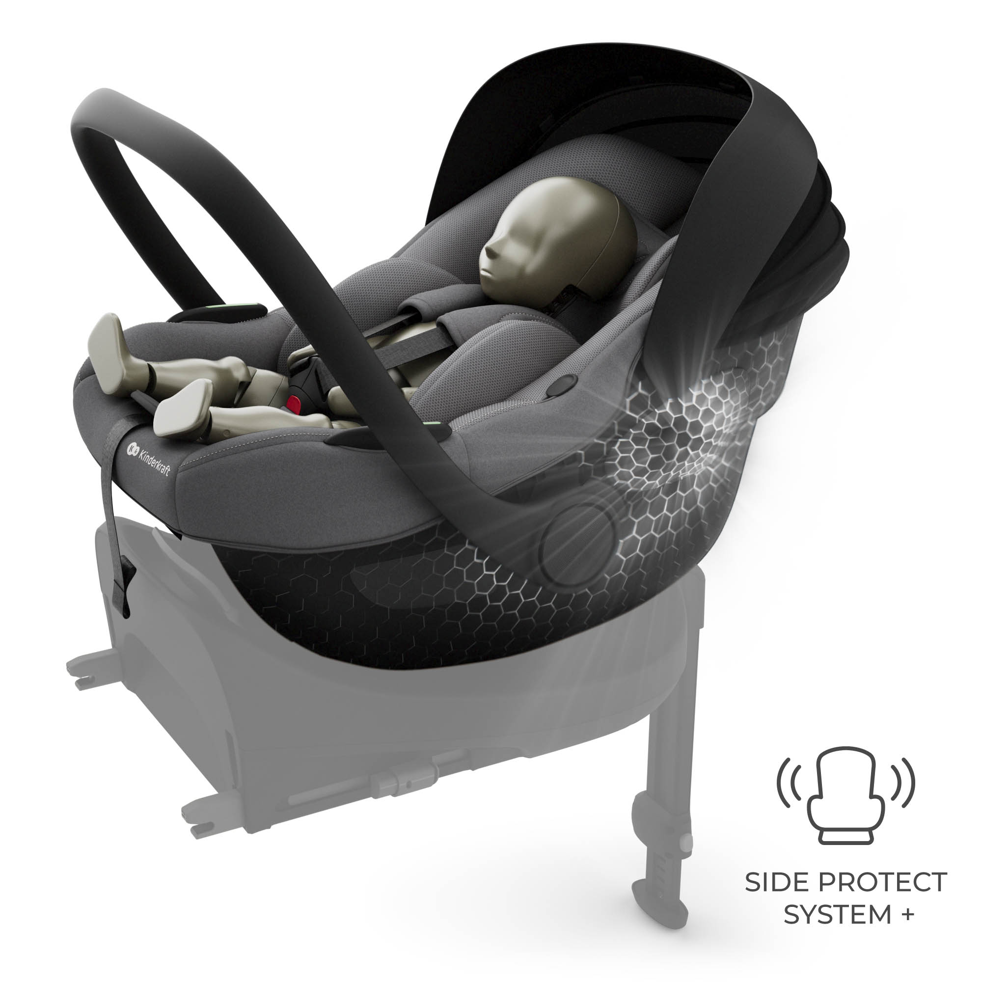 Grauer Kindersitz mit Baby-Dummy, Tragegriff und Seitenaufprallschutz.