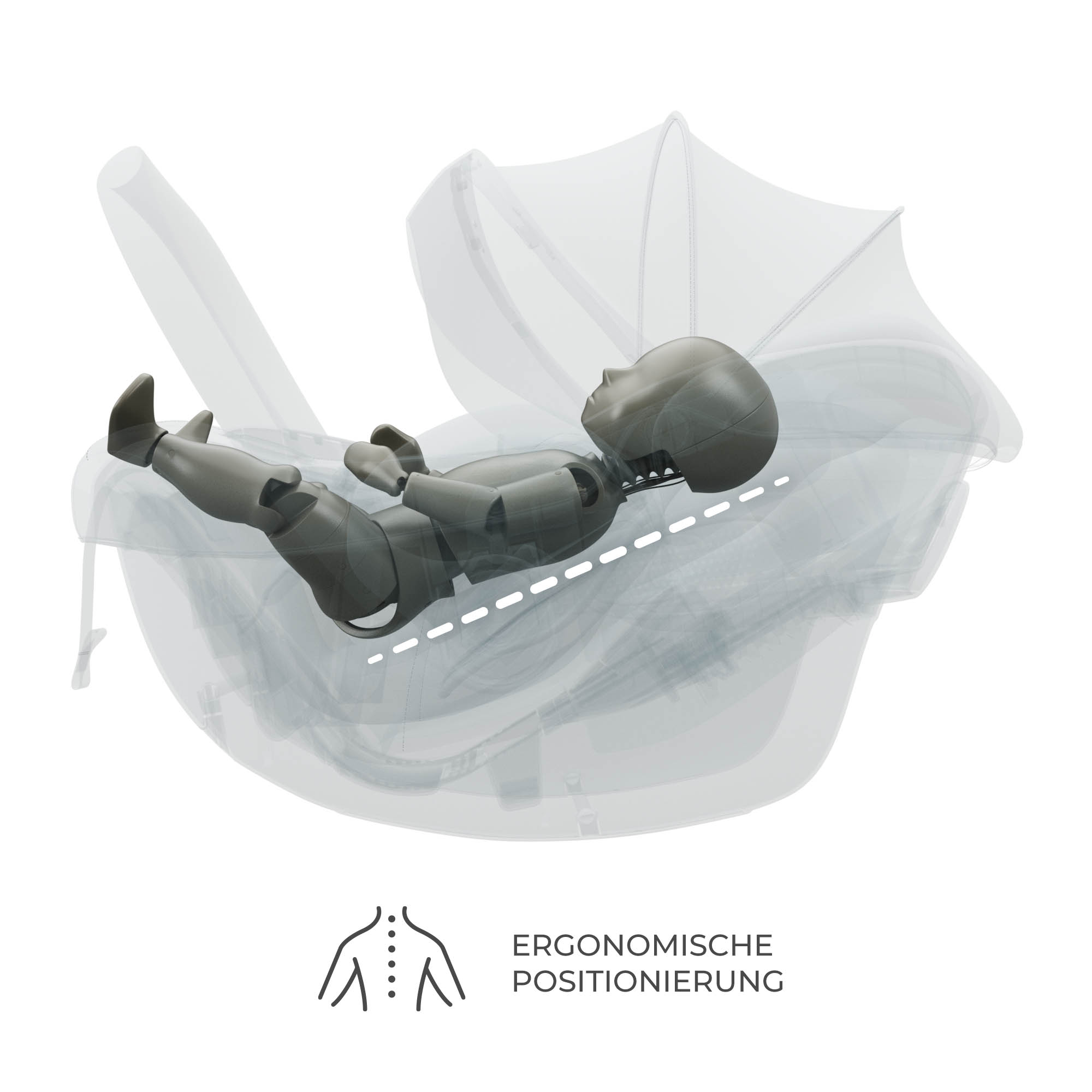 Grauer Schaufensterpuppe in transparentem Kindersitz zeigt ergonomische Position.