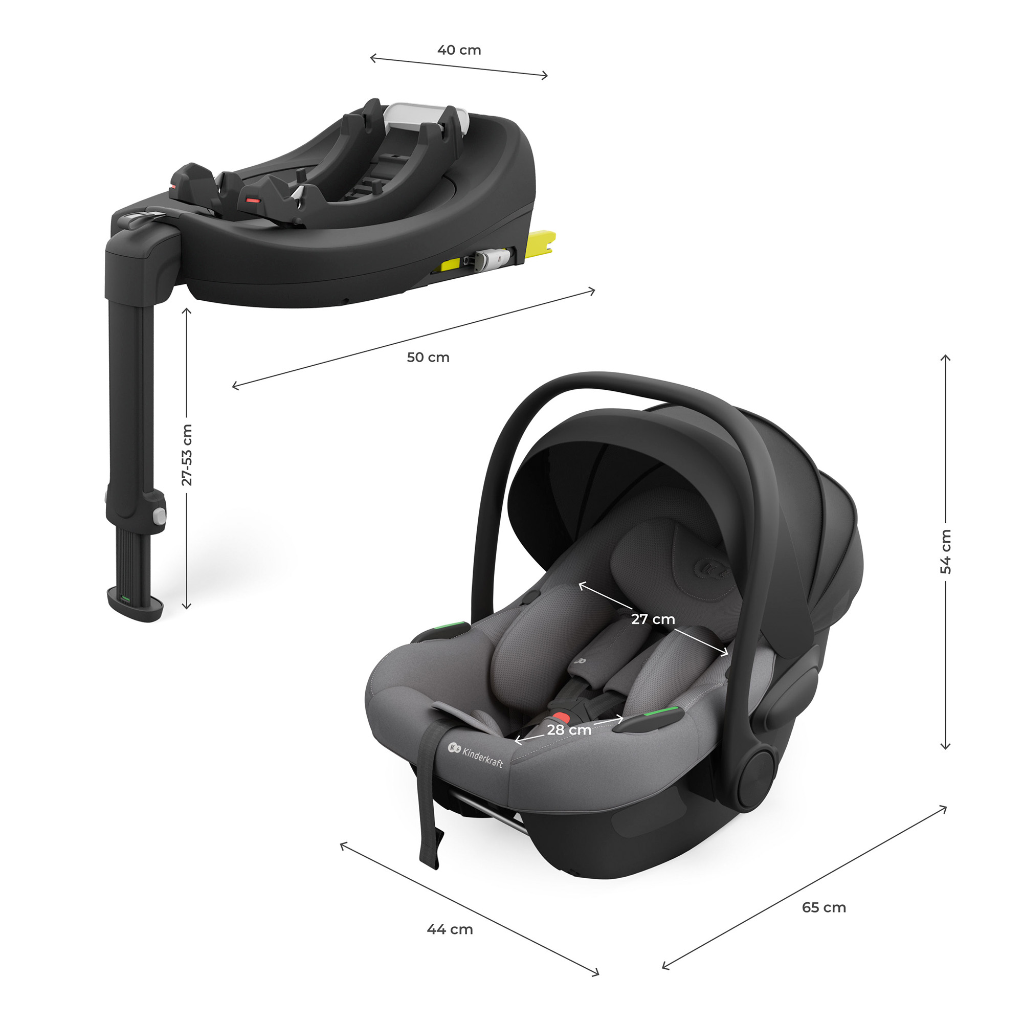 Eine schwarze Kindersitzbasis und ein grauer Babysitz mit Maßen.