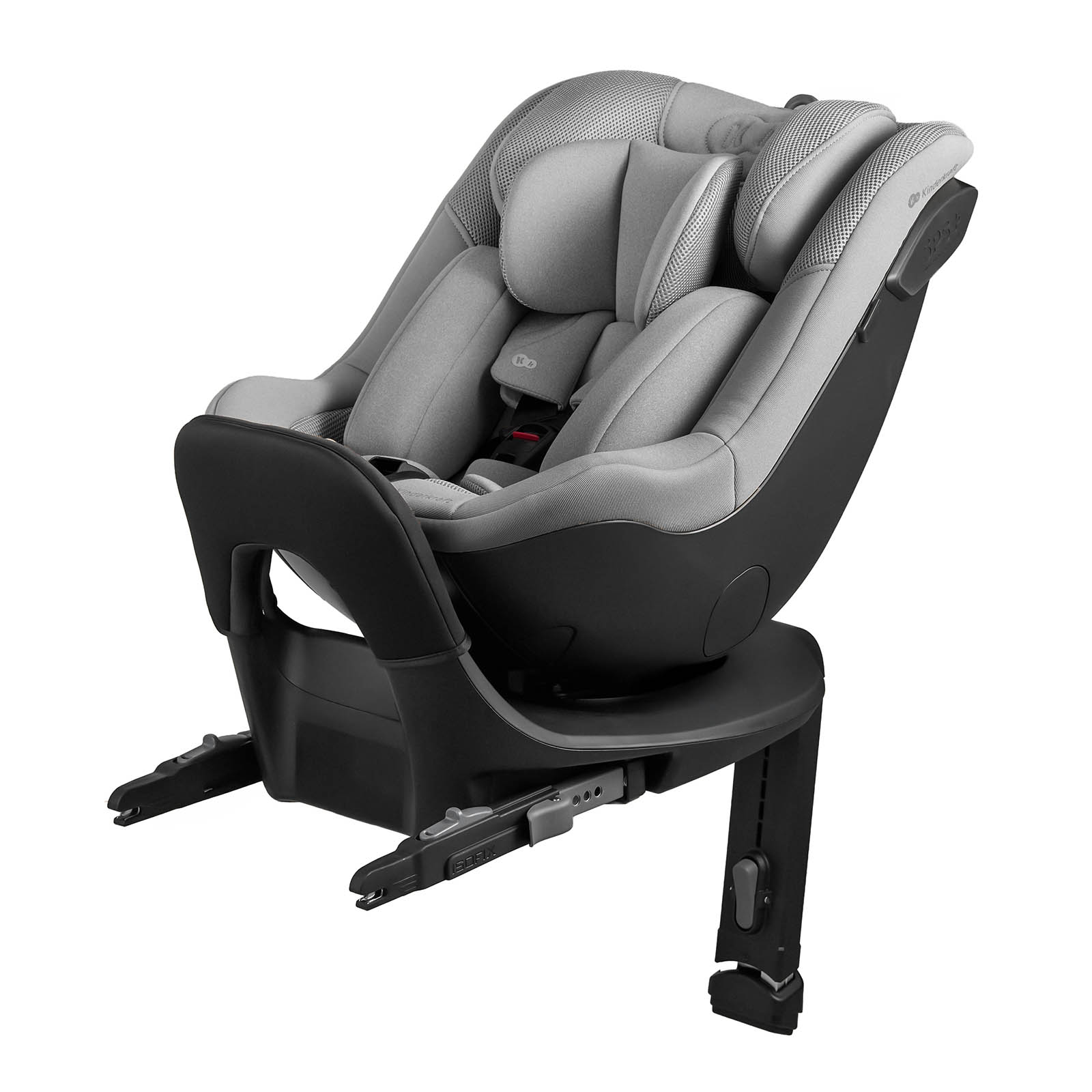 Grauer Kindersitz mit schwarzem Sockel und Isofix-Befestigungen.