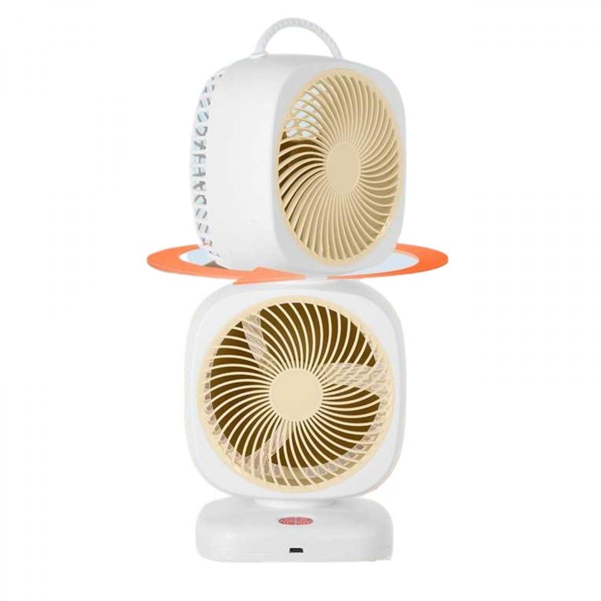 Ein weißer Ventilator mit gelbem Gitter, oben und unten.