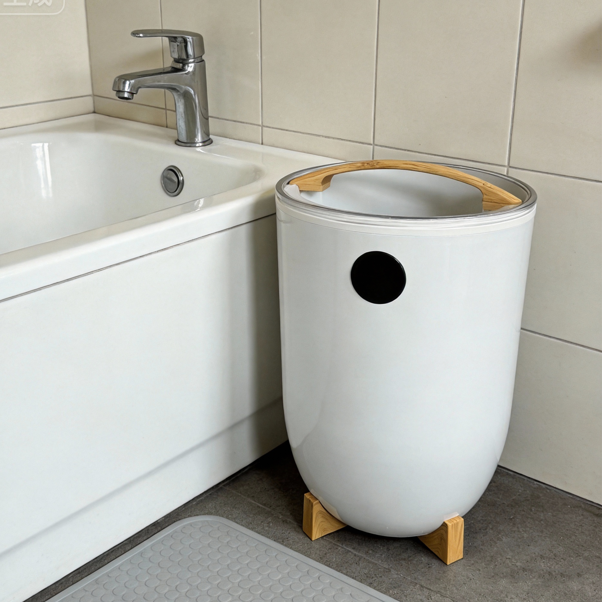 Ein weißer Mülleimer mit Holzgriffen steht neben einer Badewanne.