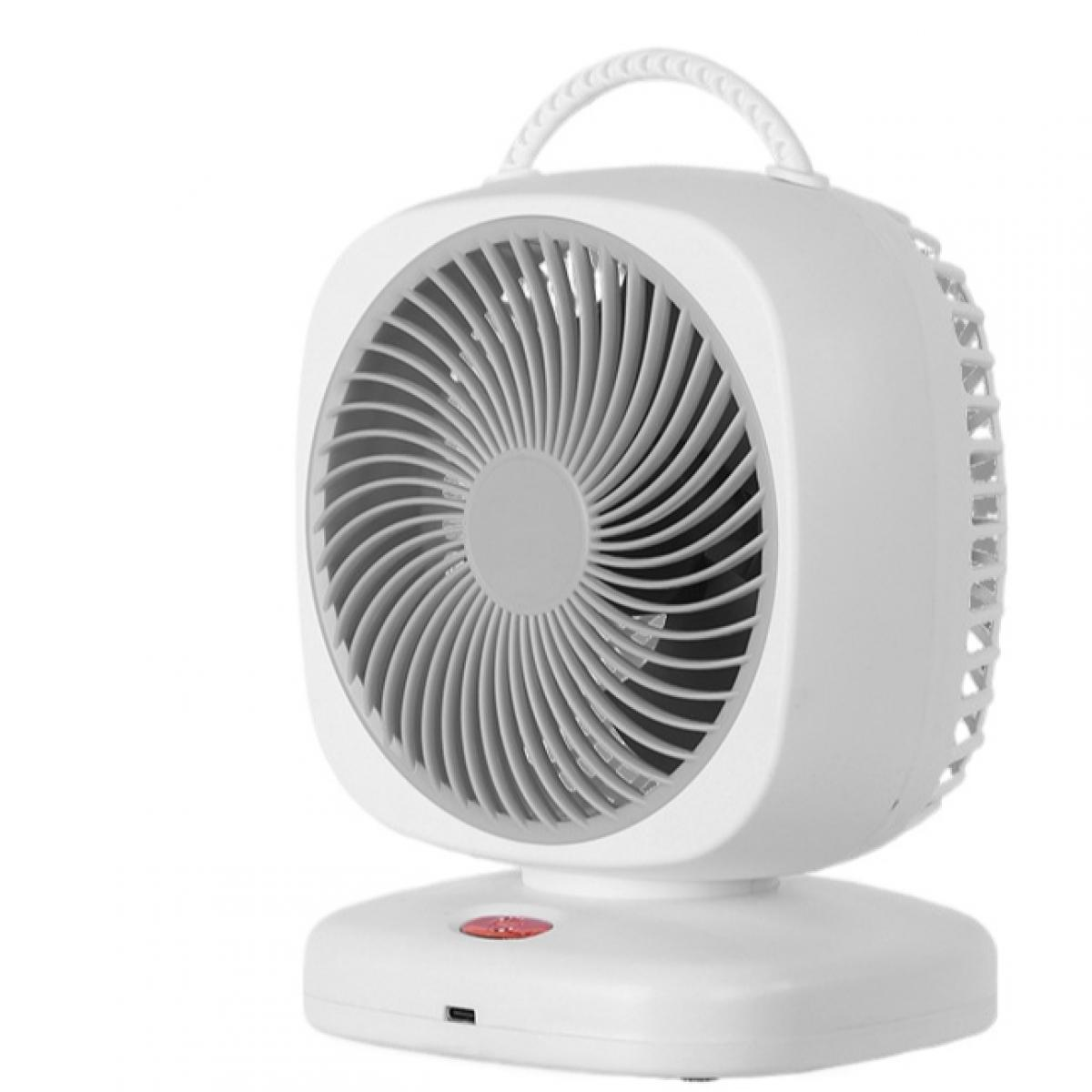 Ein weißer Ventilator mit einem grauen Lüftergitter und einem Tragegriff.