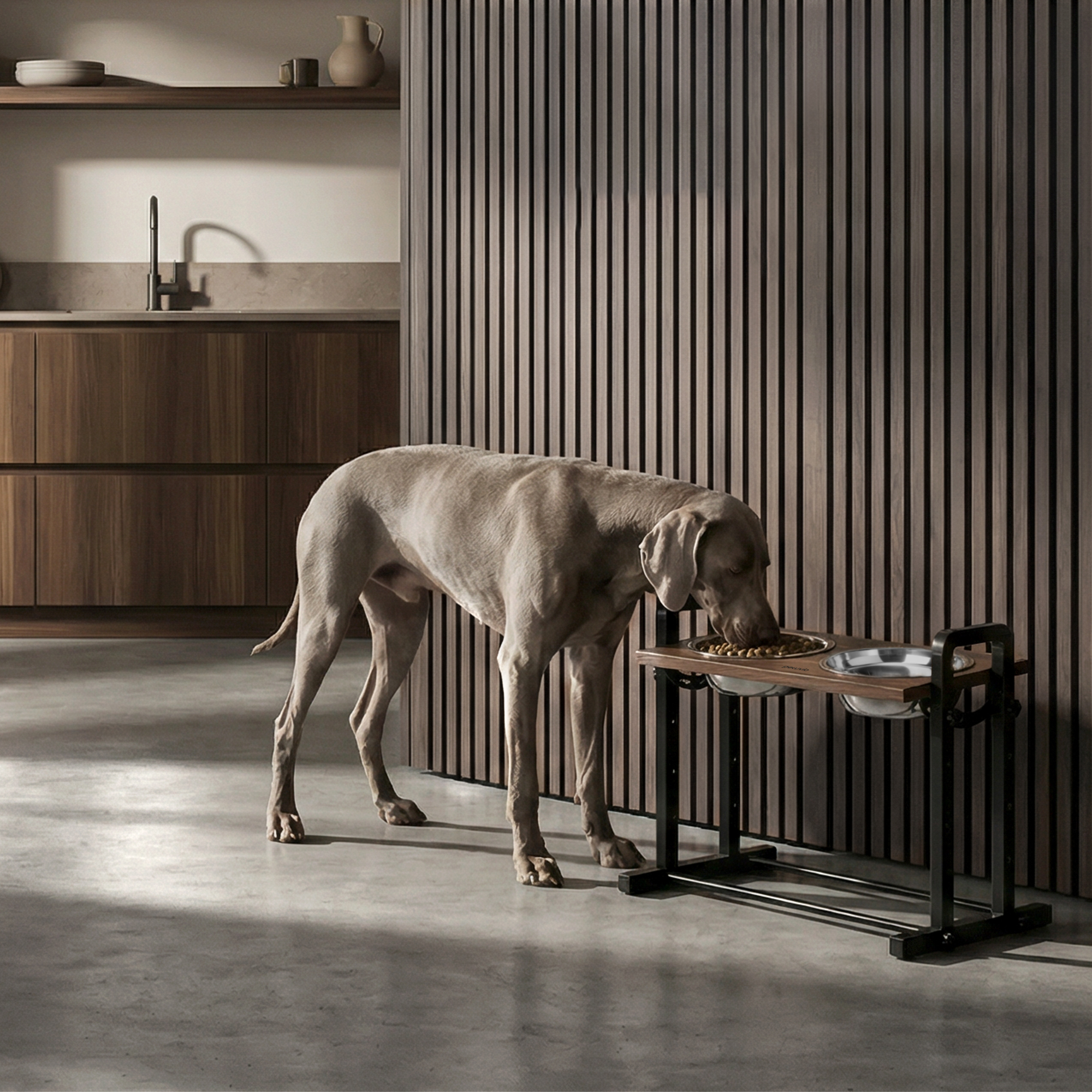 Ein Weimaraner frisst aus einem erhöhten Futternapf in einer modernen Küche.
