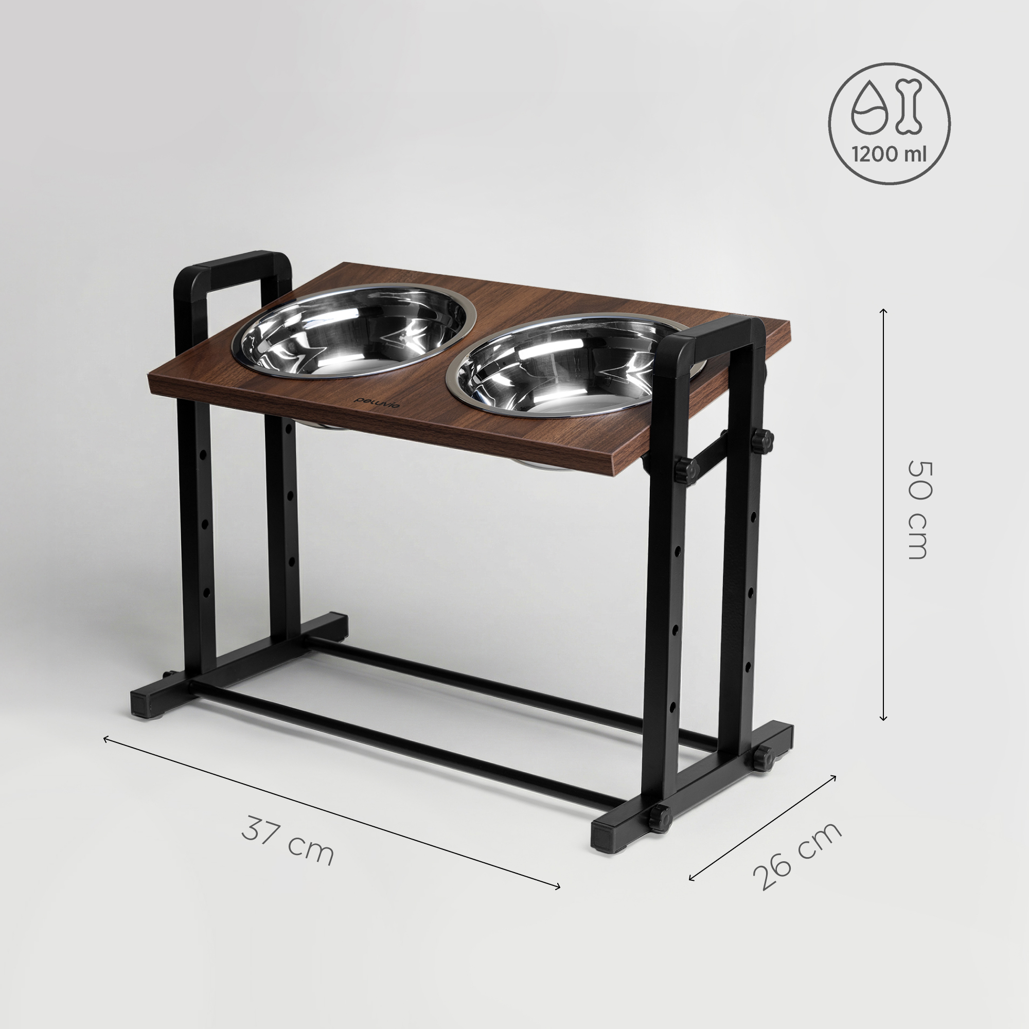 Ein erhöhter Futternapf mit zwei Edelstahlnäpfen auf Holzplatte und schwarzem Metallgestell.