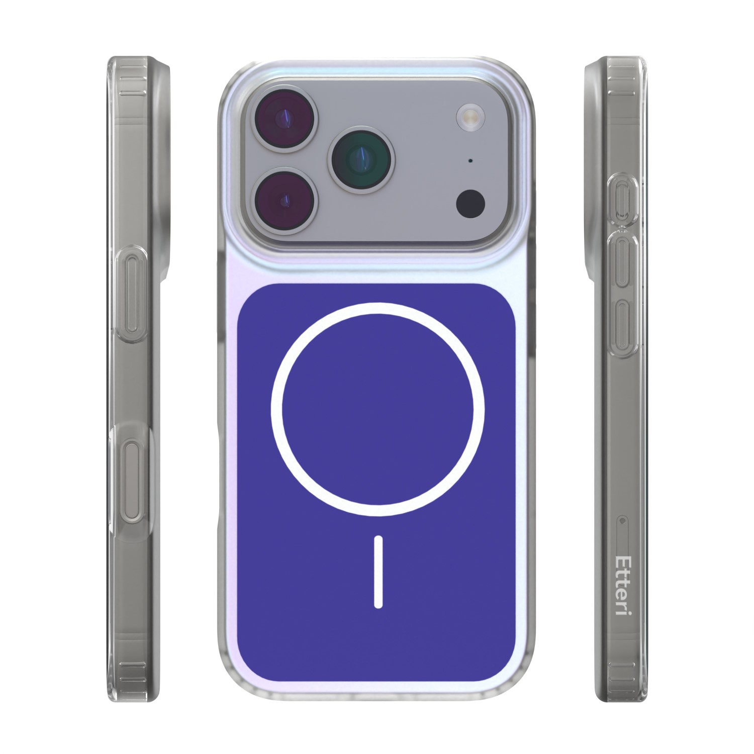 Przezroczyste etui na telefon z symbolem MagSafe na niebieskim tle.