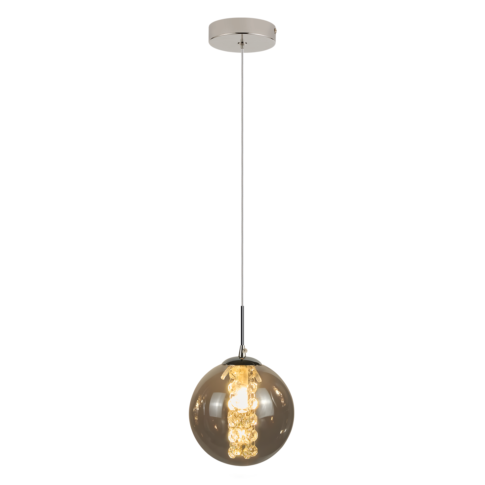 Eine einzelne moderne Pendelleuchte mit einer rauchigen Glaskugel und Kristallakzenten.