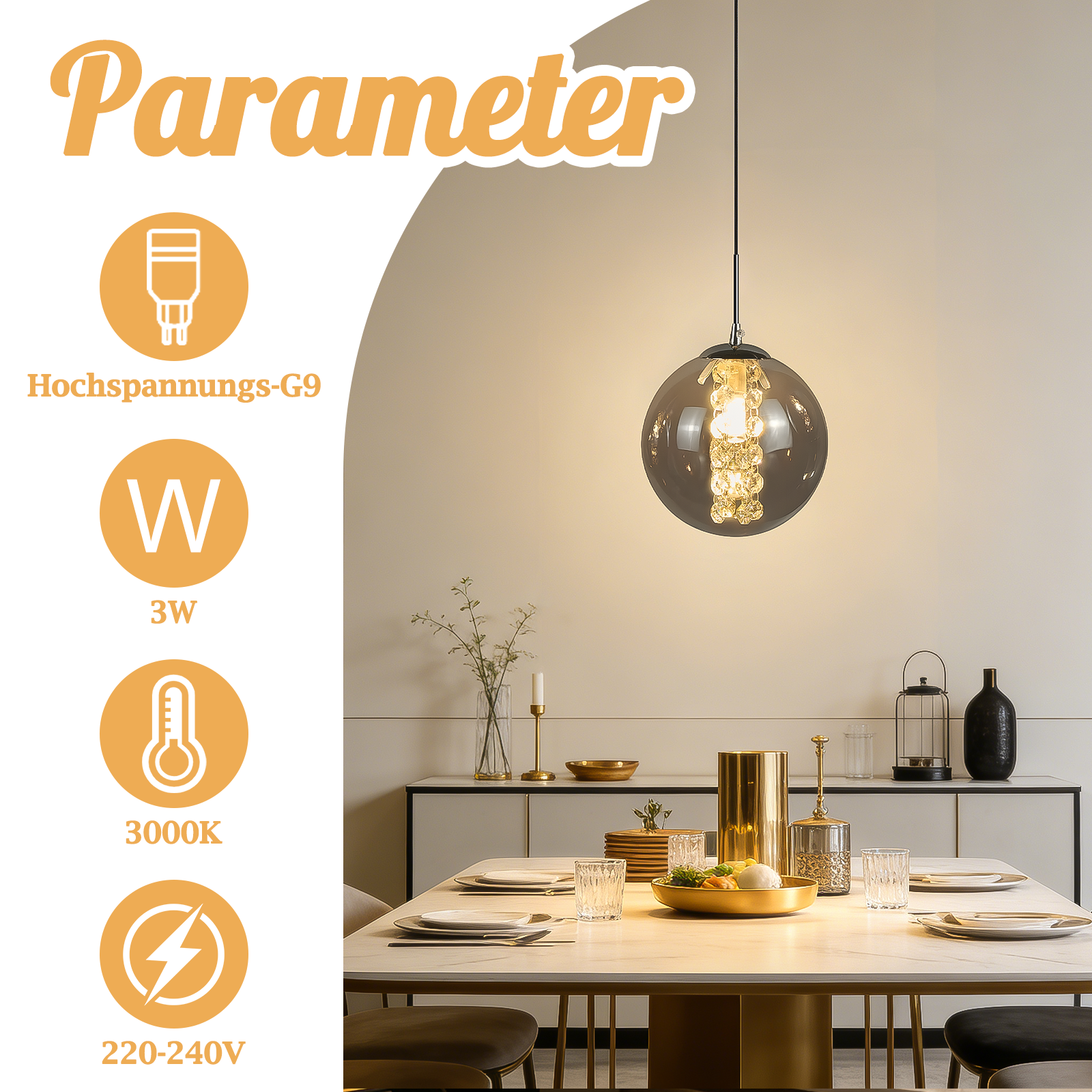 Hängeleuchte mit rundem Rauchglas-Schirm, G9, 3W, 3000K, 220-240V.