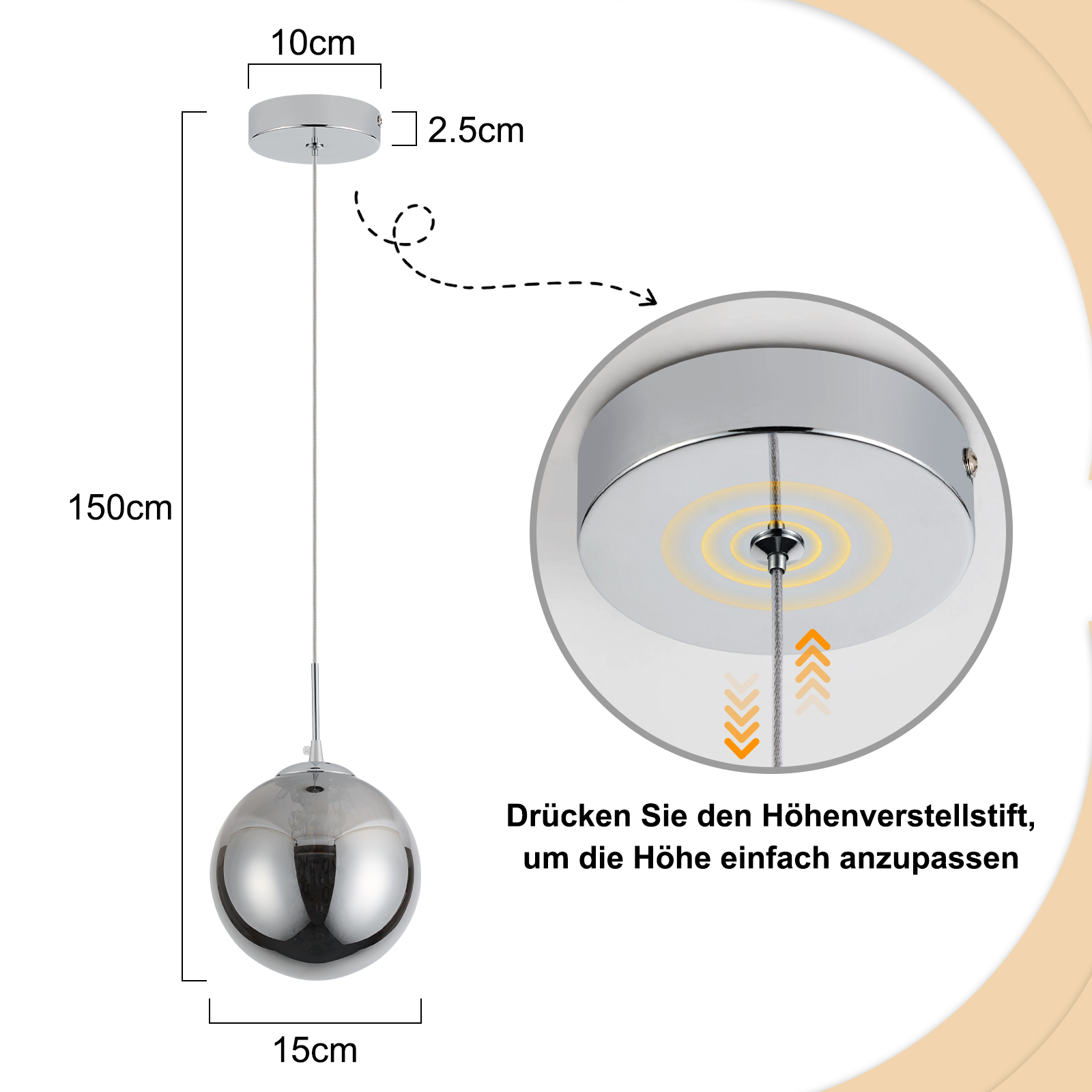 Eine silberne Pendelleuchte mit Kugelform, 150 cm hoch, 15 cm breit.