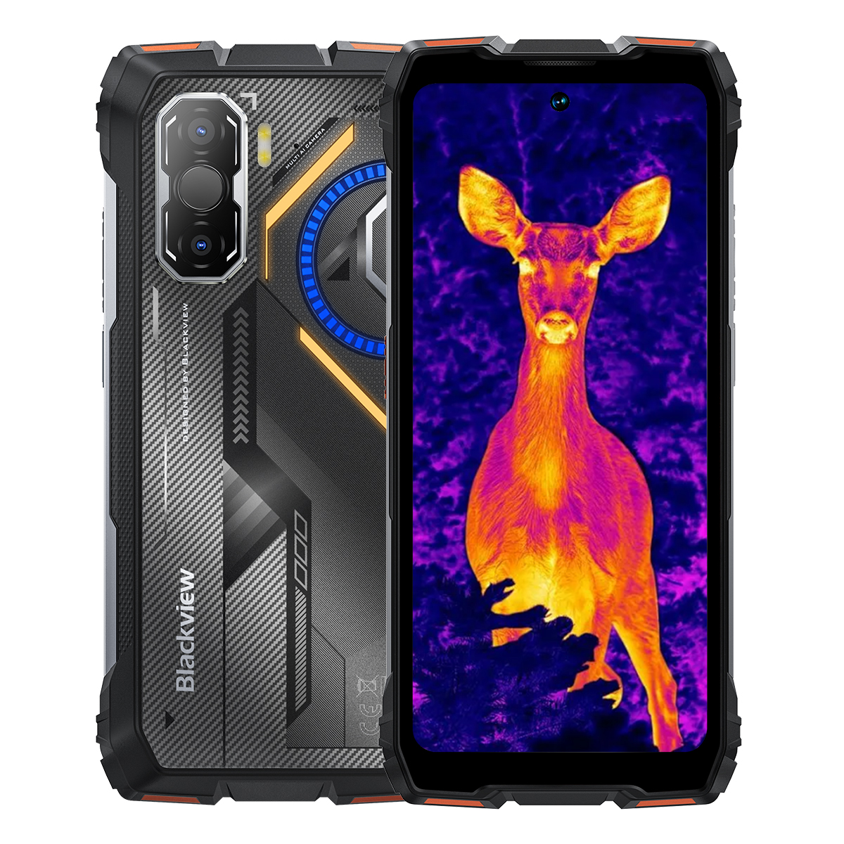 Ein robustes Smartphone mit Thermalkamera-Bild eines Hirsches auf dem Bildschirm.
