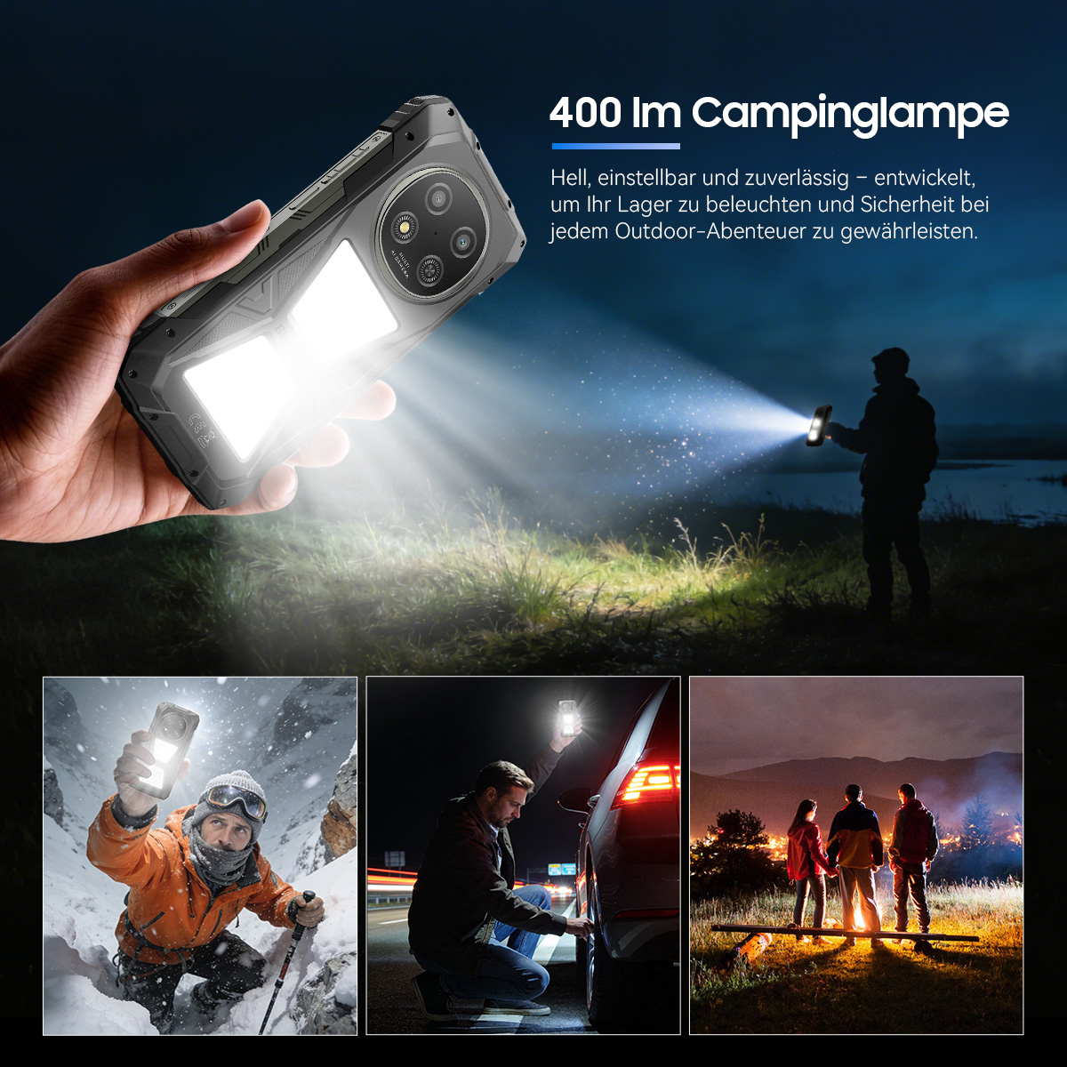 Robustes Smartphone mit heller Campinglampe im Einsatz bei Nacht.