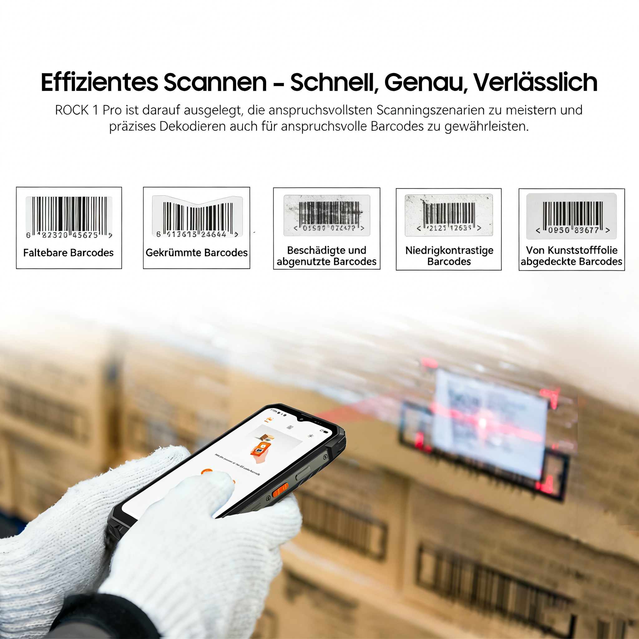 Robustes Smartphone scannt verschiedene Barcodes. Mehrere Beispiele sind abgebildet.