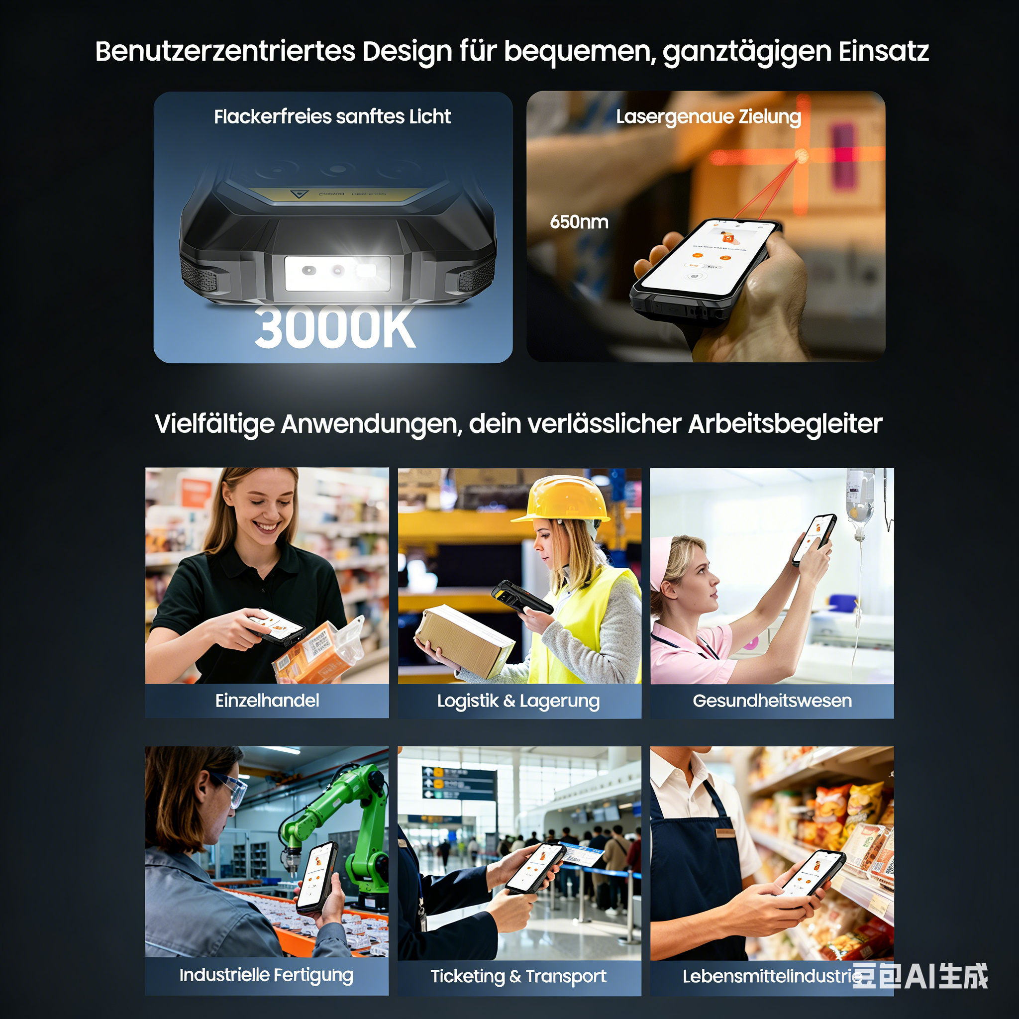 Produktbilder zeigen Anwendungen im Einzelhandel, Logistik, Gesundheitswesen, Fertigung, Ticketing, Transport, Lebensmittel.