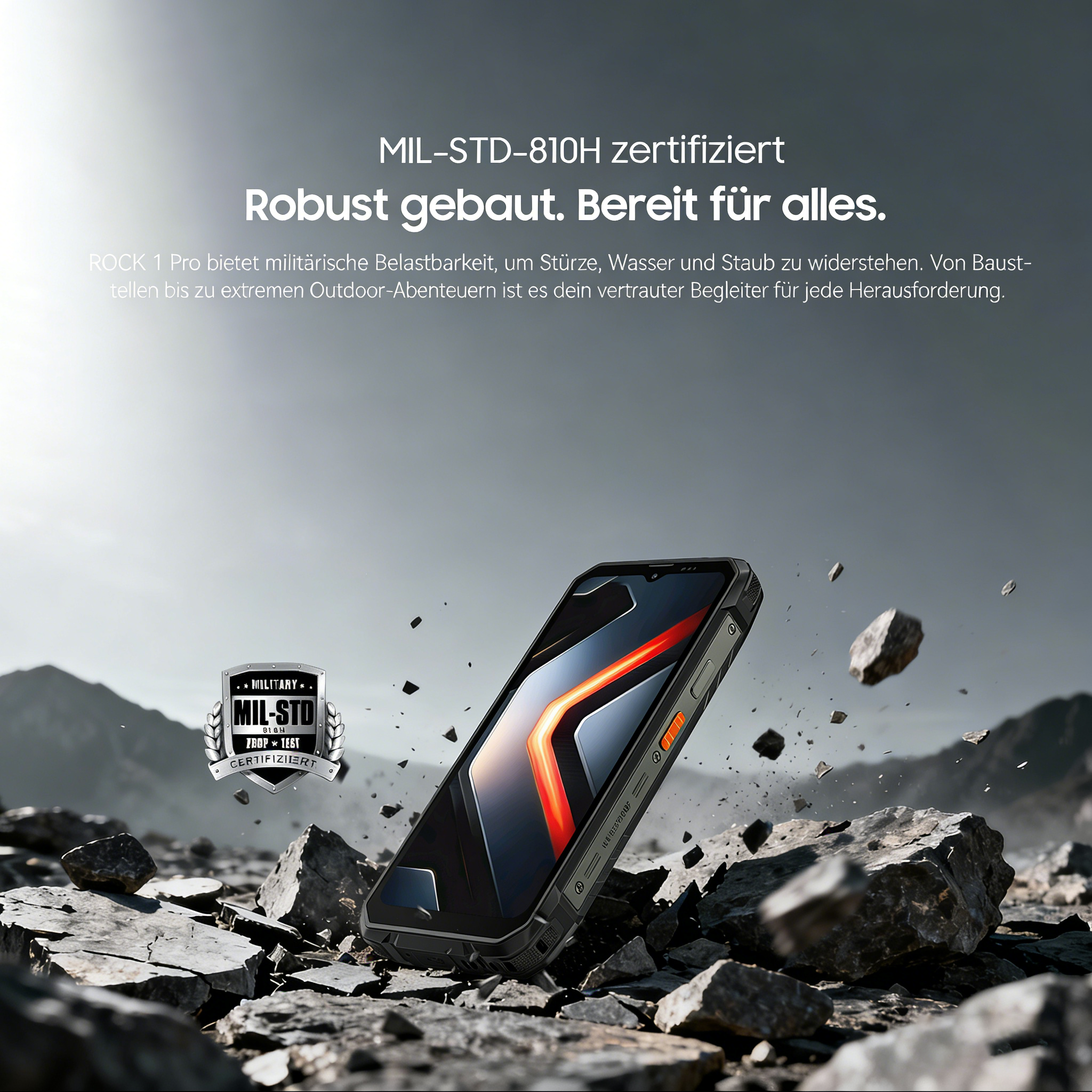 Ein robustes Smartphone in felsiger Umgebung, MIL-STD-810H zertifiziert.