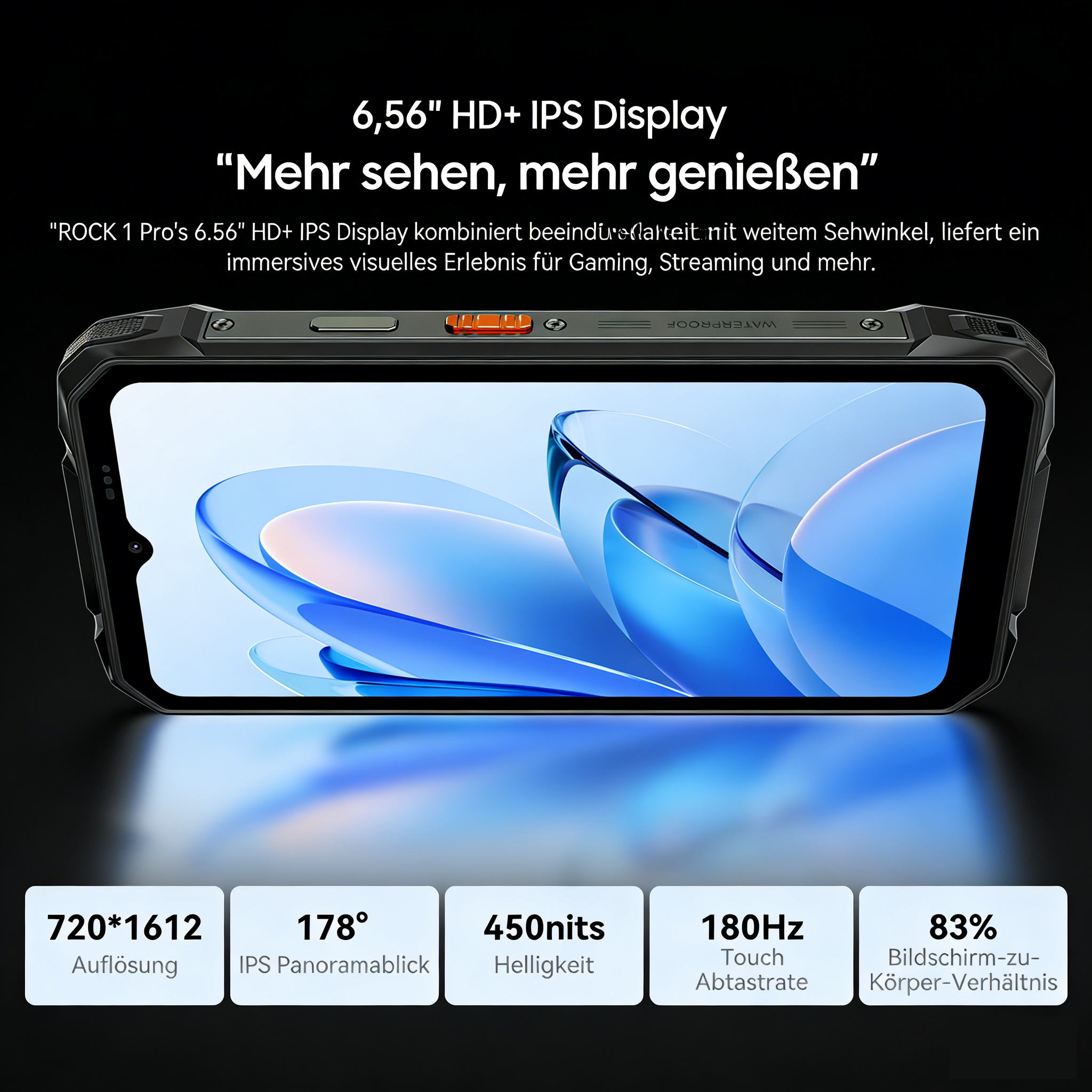 Ein robustes Smartphone mit einem 6,56 Zoll HD+ IPS Display, das lebendige Bilder zeigt.
