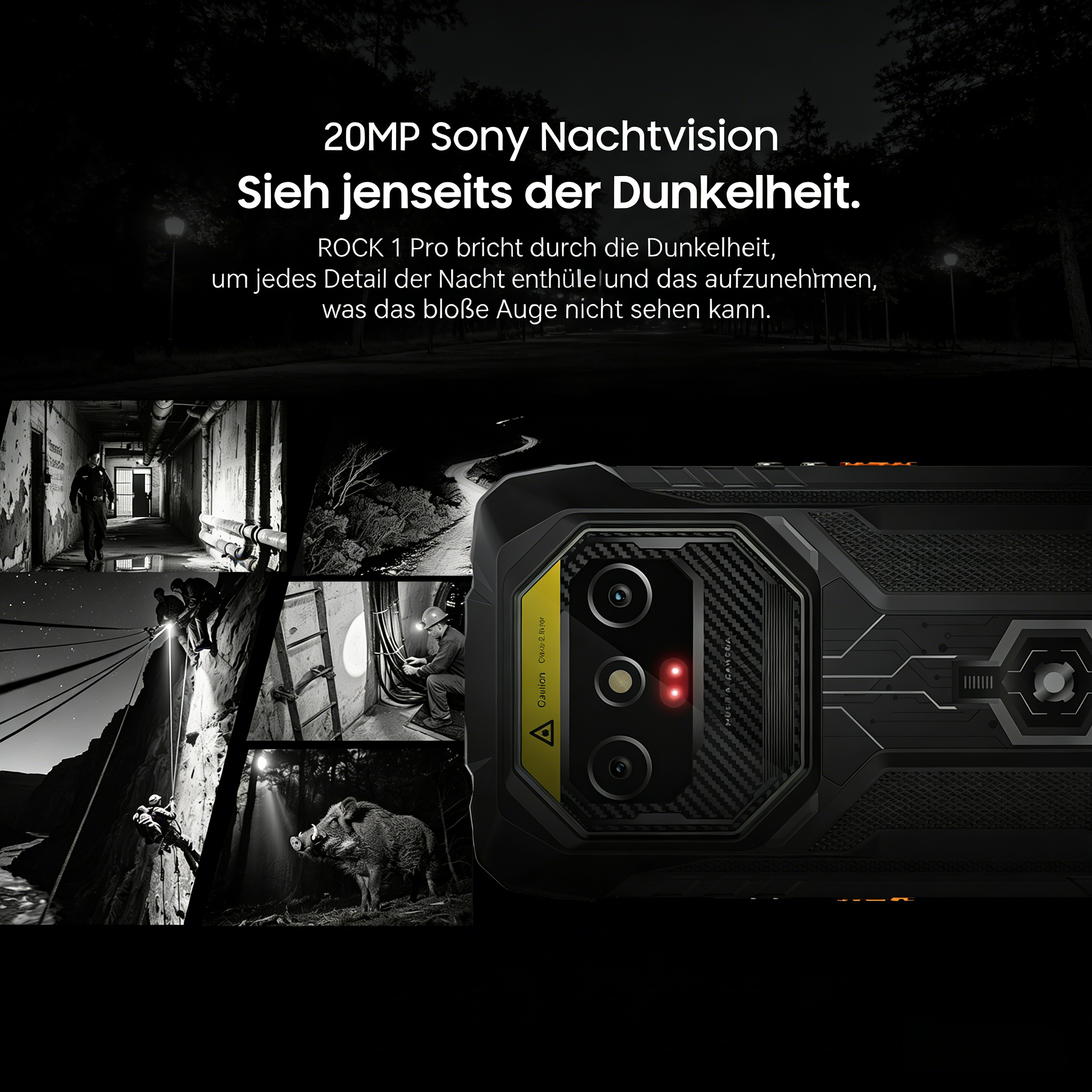 Robustes Smartphone mit Nachtsichtkamera, zeigt Szenen bei Nacht.