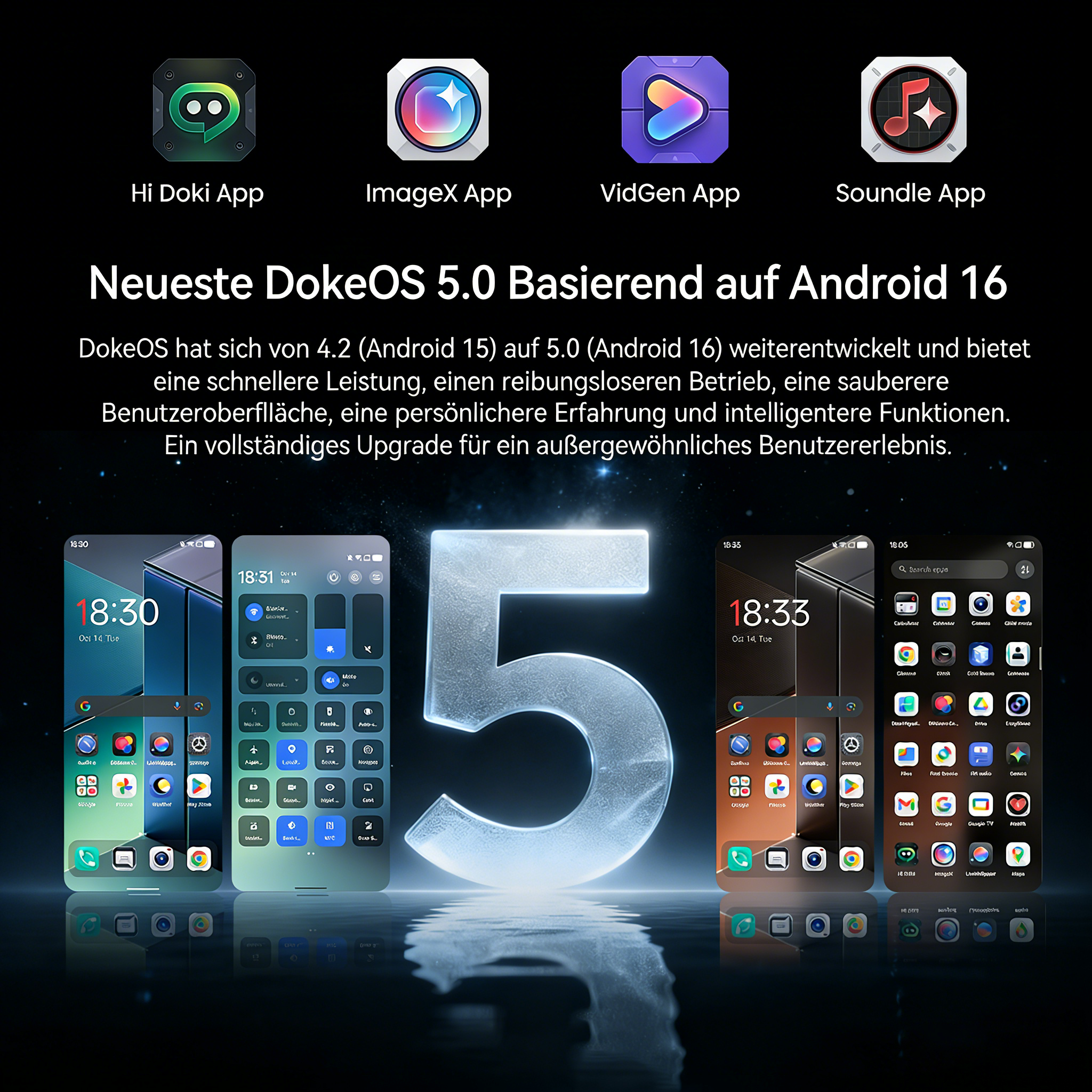 Vier Smartphone-Oberflächen mit Apps und einer großen "5" davor.