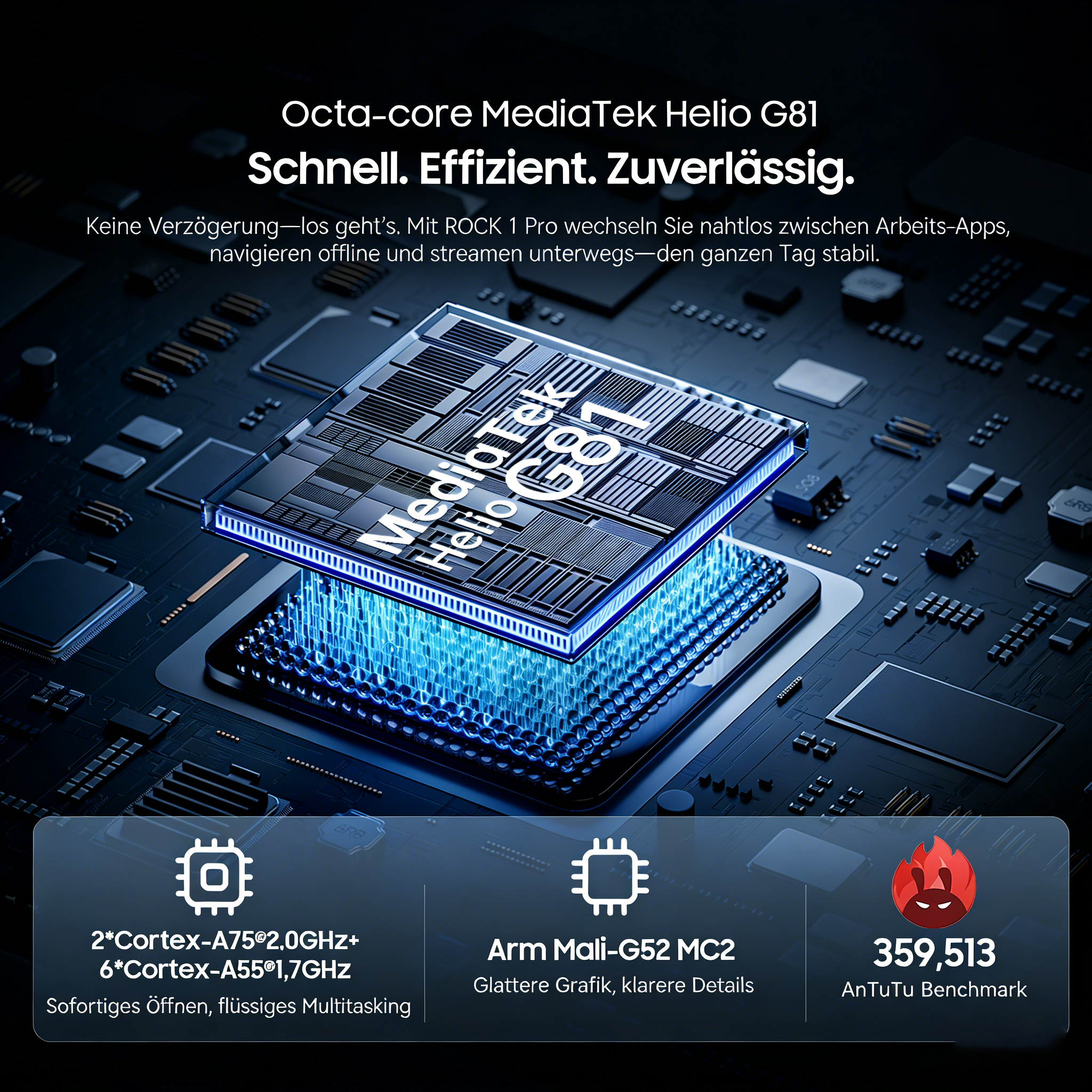 Mediatek Helio G81 Chip auf einer Platine mit blauer Beleuchtung. Infos unten.