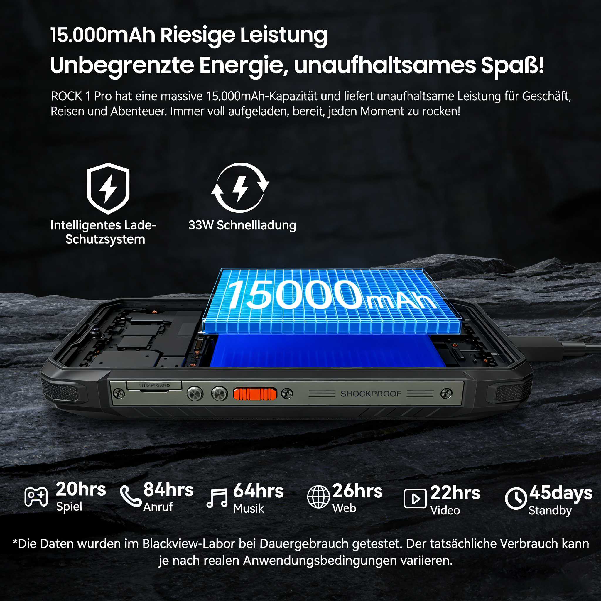 Ein robustes Smartphone mit 15000mAh Akku, Ladeanzeige und Shockproof-Logo.