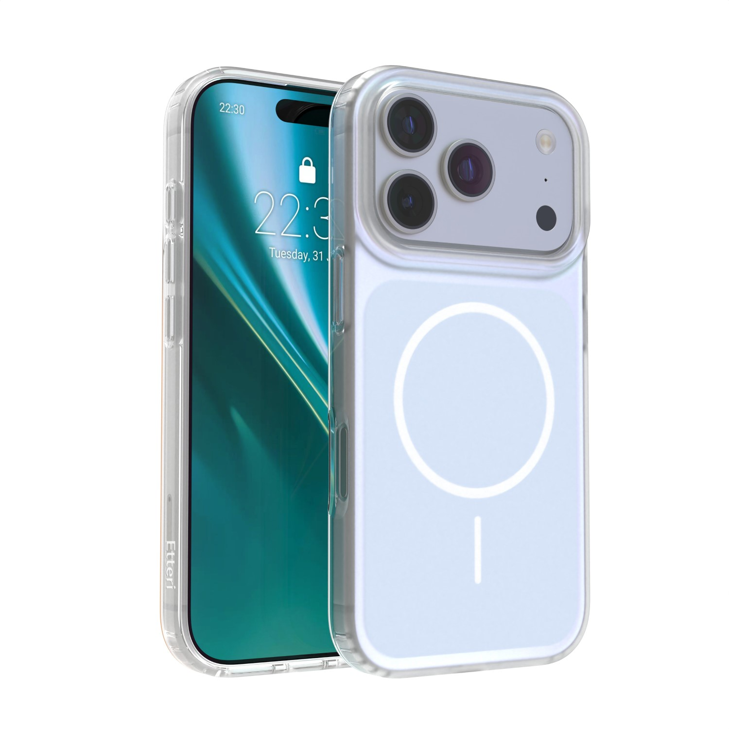 Przezroczyste etui na telefon z pierścieniem magnetycznym, na białym tle.
