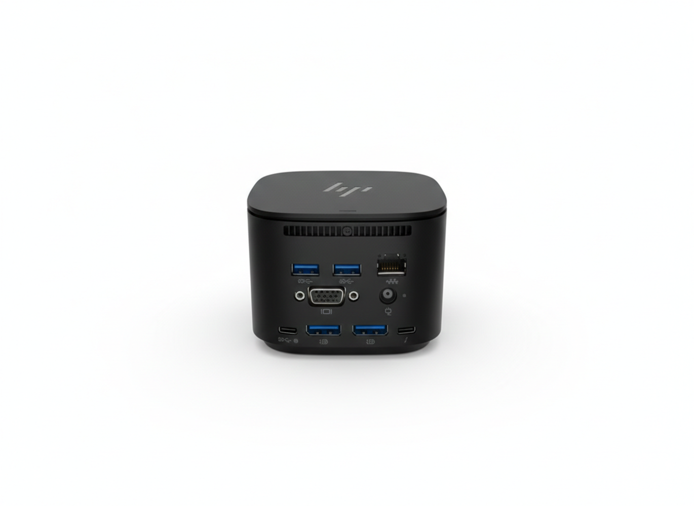 Schwarzer HP Docking-Würfel mit vielen Anschlüssen wie USB und VGA.
