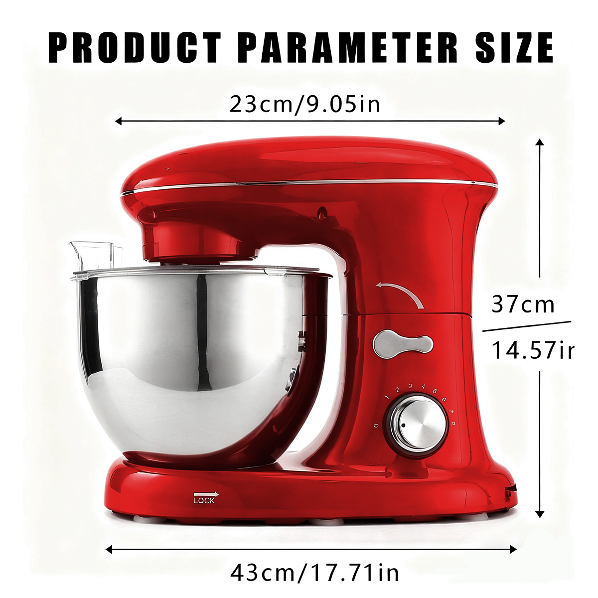 Impastatrice rossa con ciotola in acciaio inox. Dimensioni: 43x23x37cm.