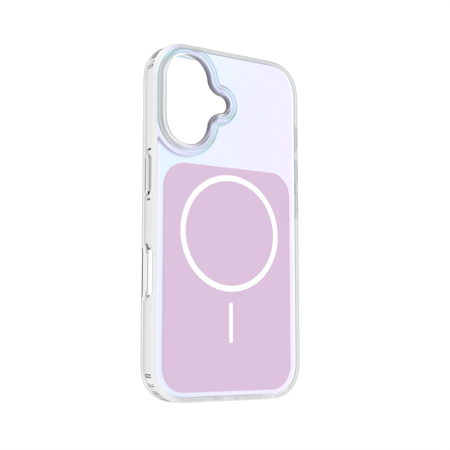 Una custodia trasparente per telefono con retro lavanda e disegno cerchio/linea bianchi.
