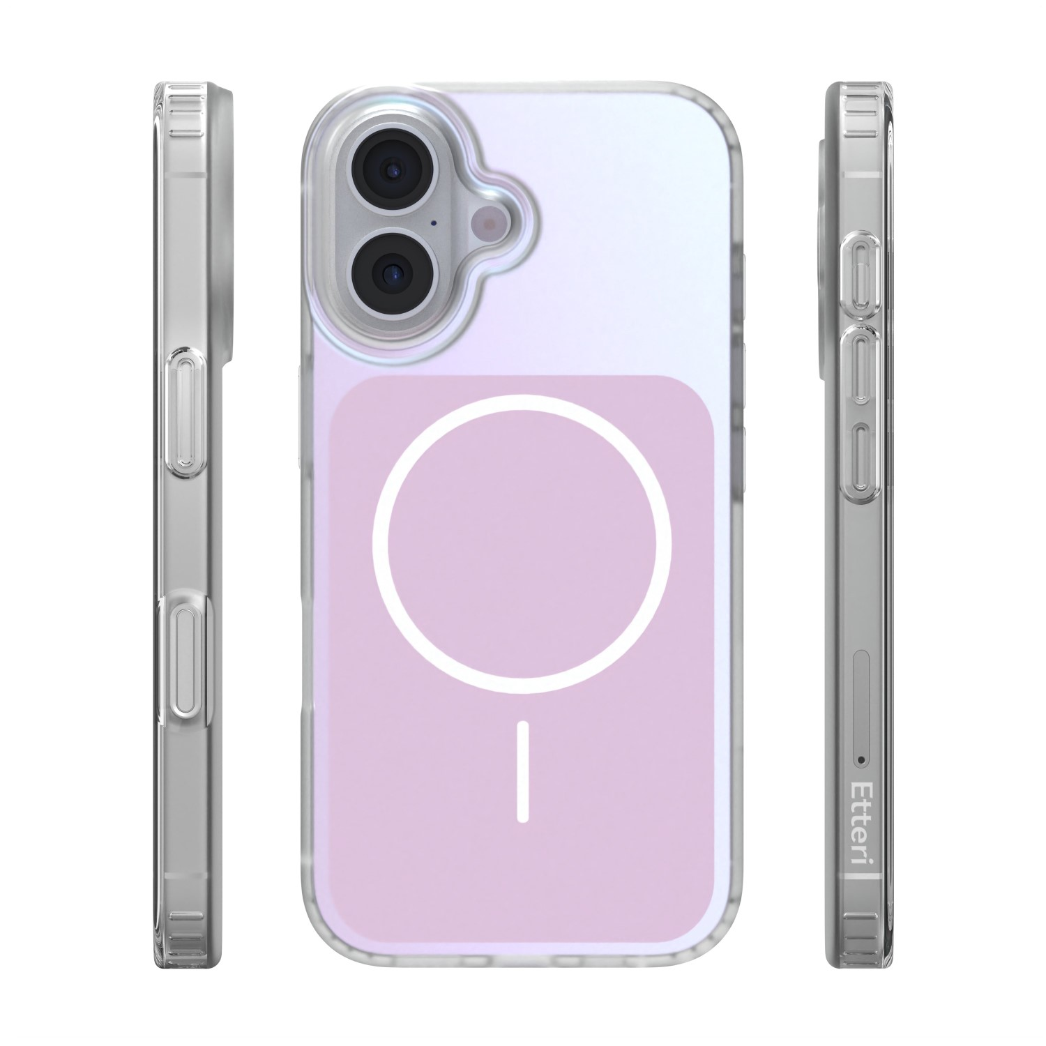 Una cover trasparente per telefono con cerchio e linee MagSafe.