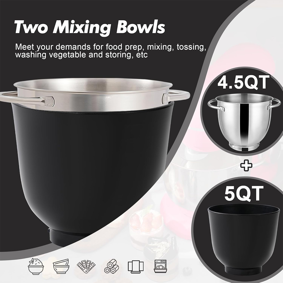 Due ciotole per impastare: una in acciaio inox da 4,5QT e una nera da 5QT.