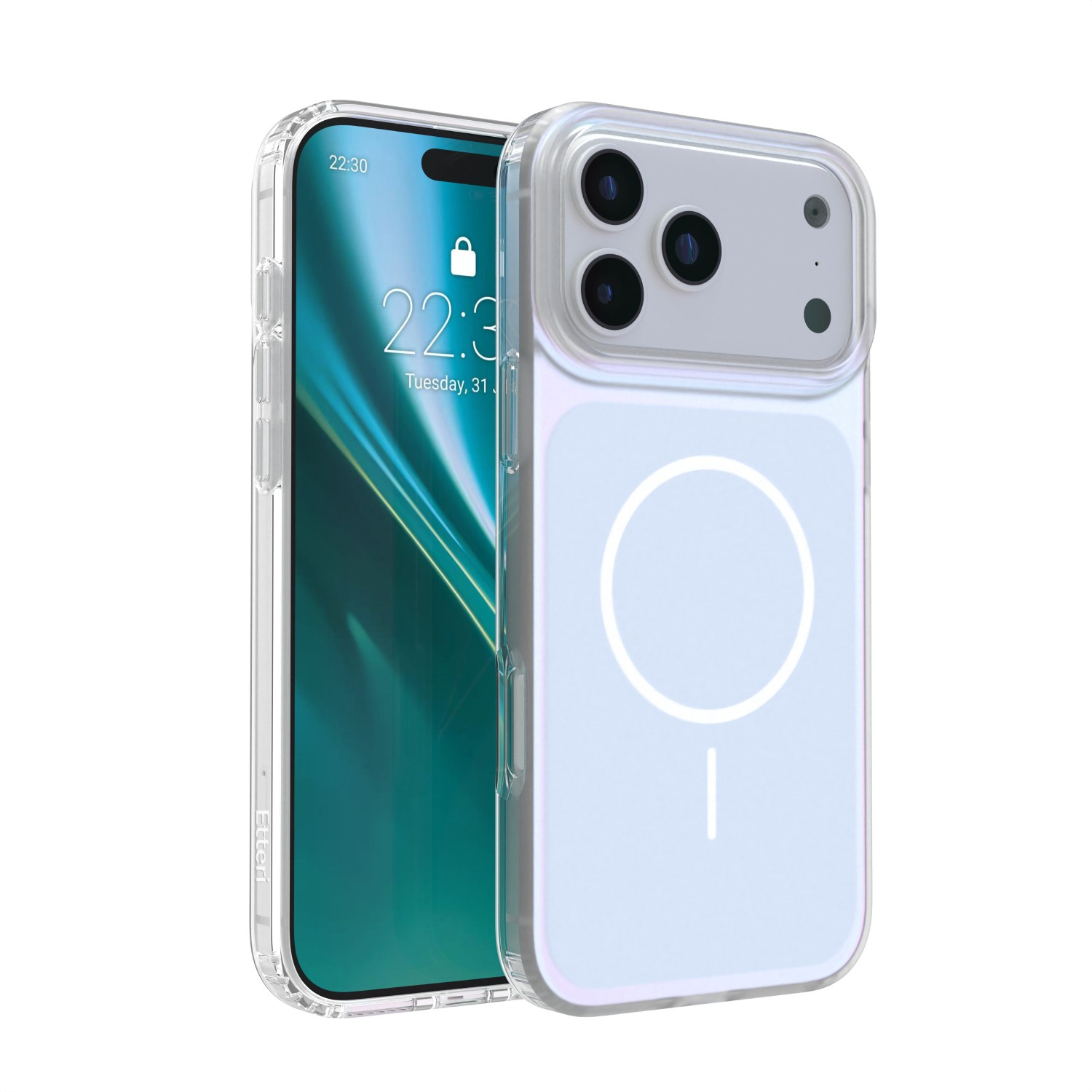 Przezroczyste etui na telefon na białym iPhonie z widocznymi aparatami.