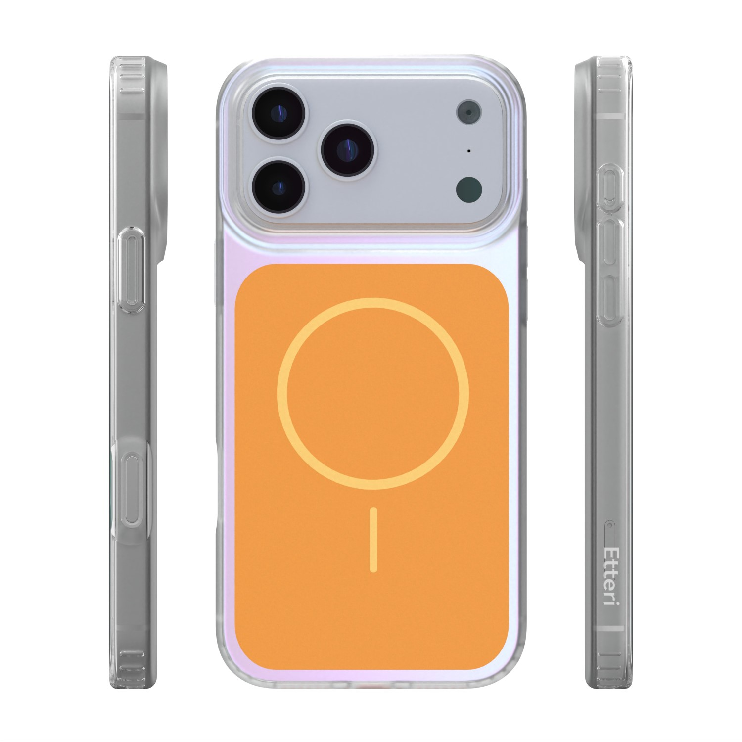 Una cover trasparente per telefono con un design a cerchio e linea arancione.