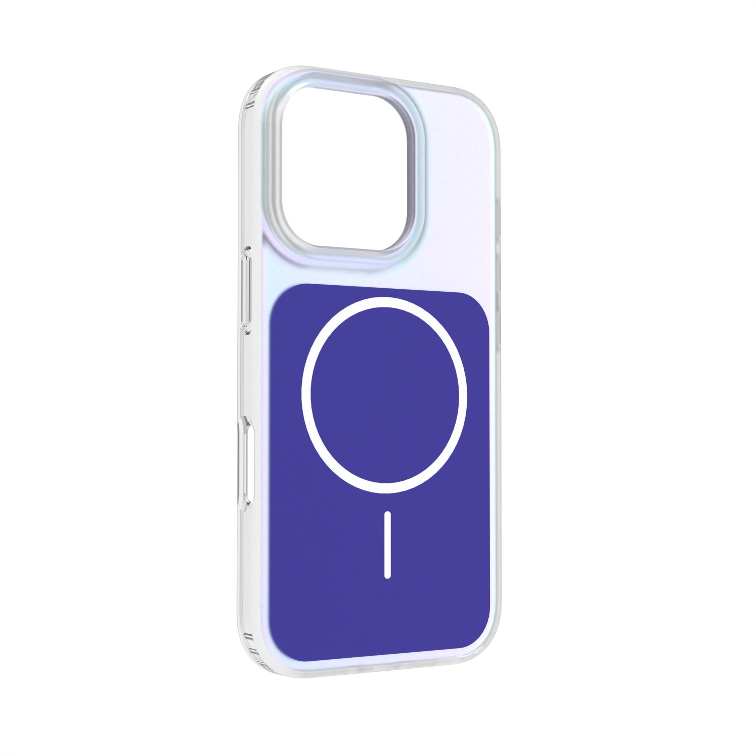 Custodia trasparente con simbolo cerchio viola e linea su sfondo bianco.